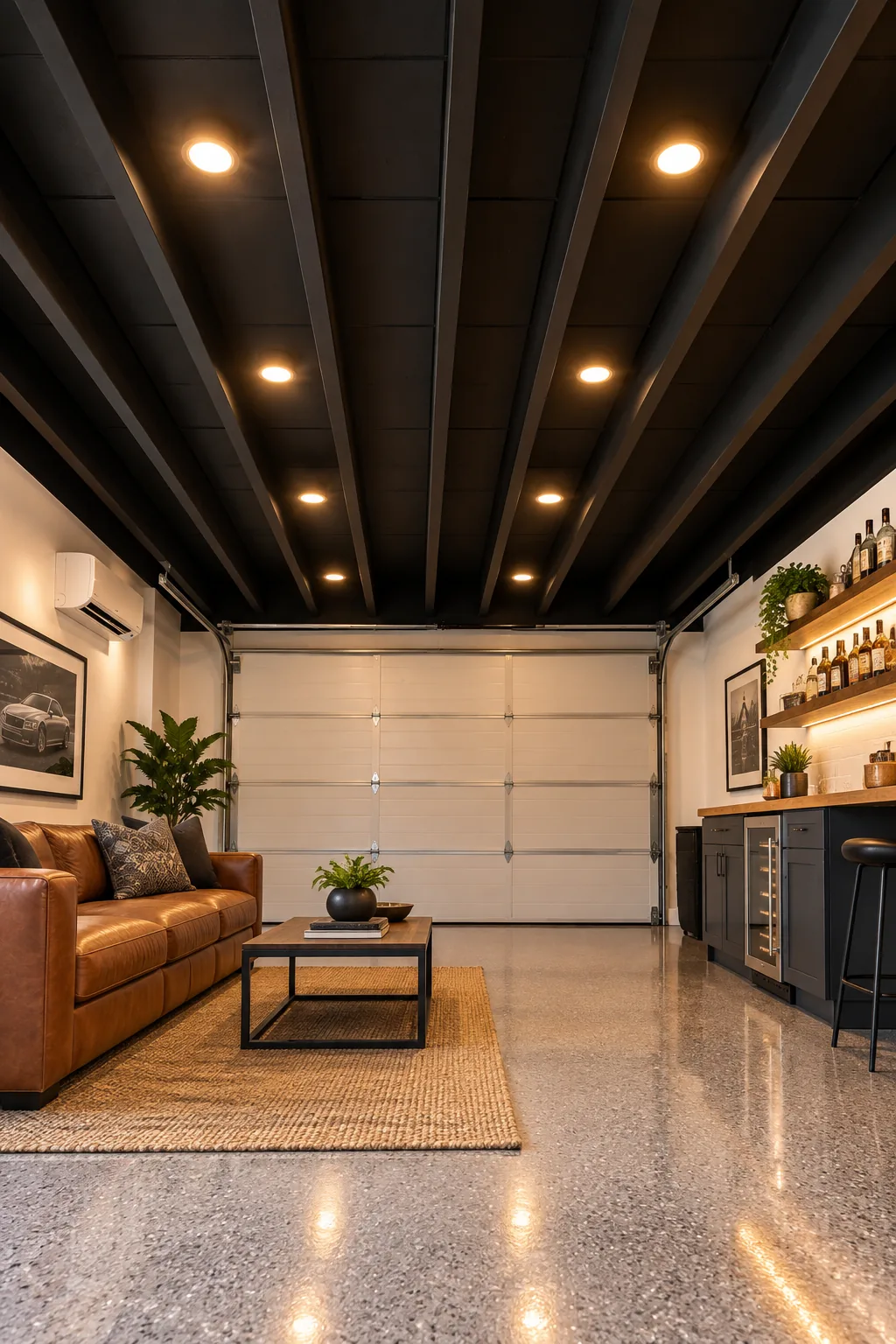 Exposed garage ceiling joists painted flat black with recessed lighting.