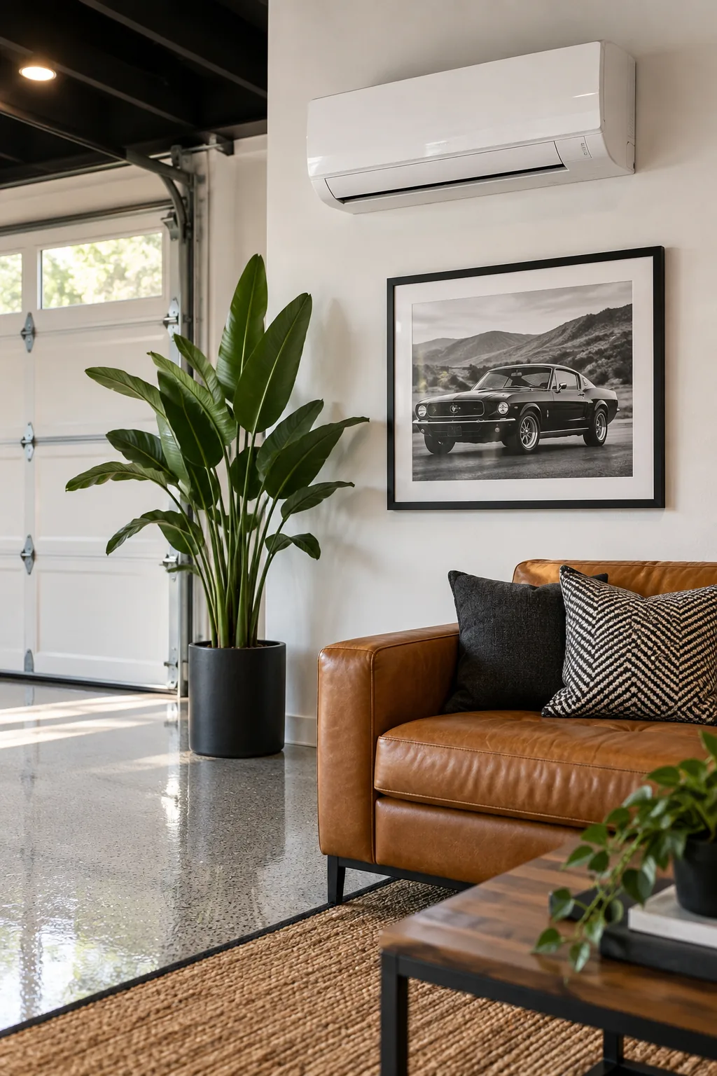 A white ductless mini-split air conditioner mounted on a garage wall above artwork.