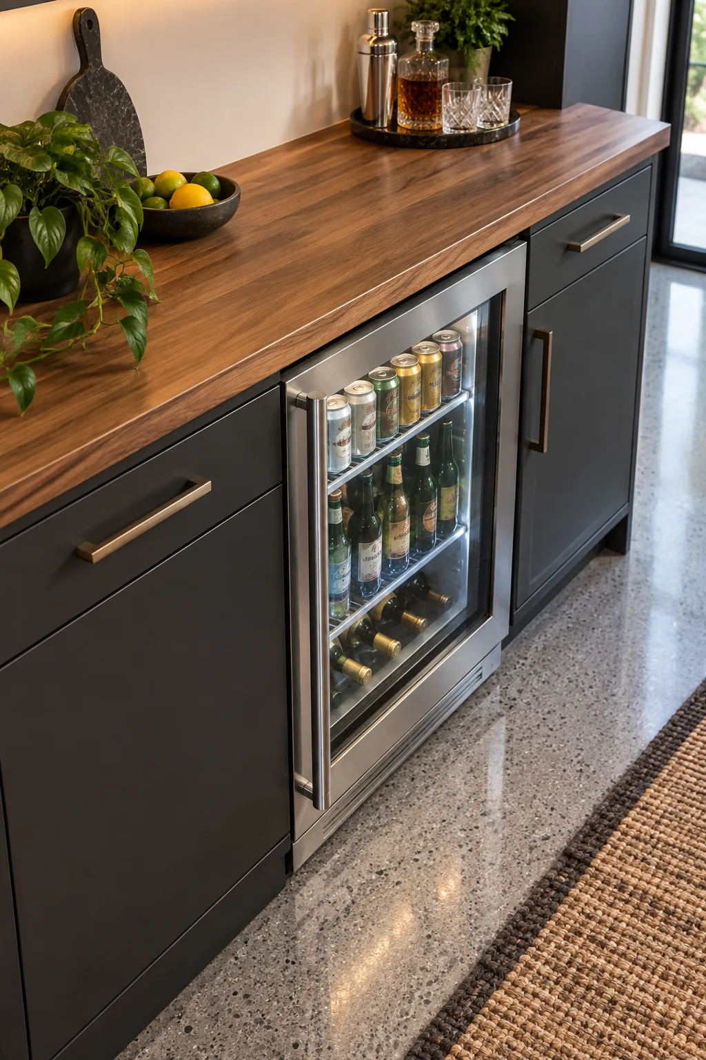 A glass-front beverage fridge installed perfectly flush with dark slate base cabinets.