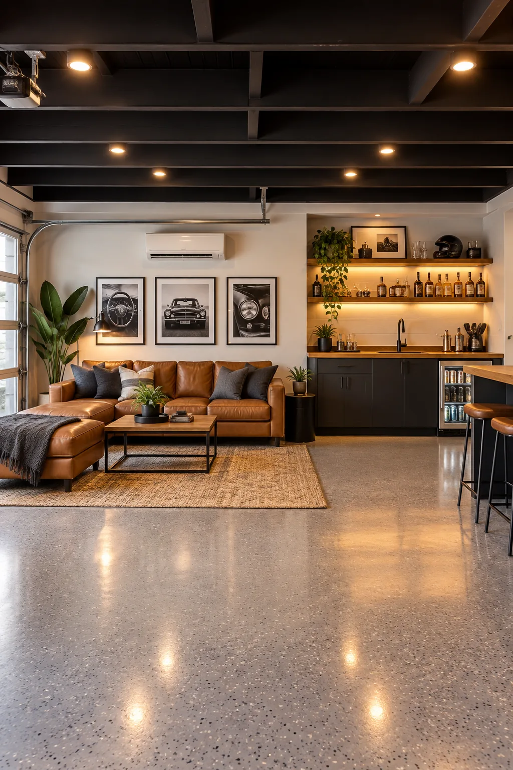 A wide view of a finished garage showing a distinct bar area and a seating area.