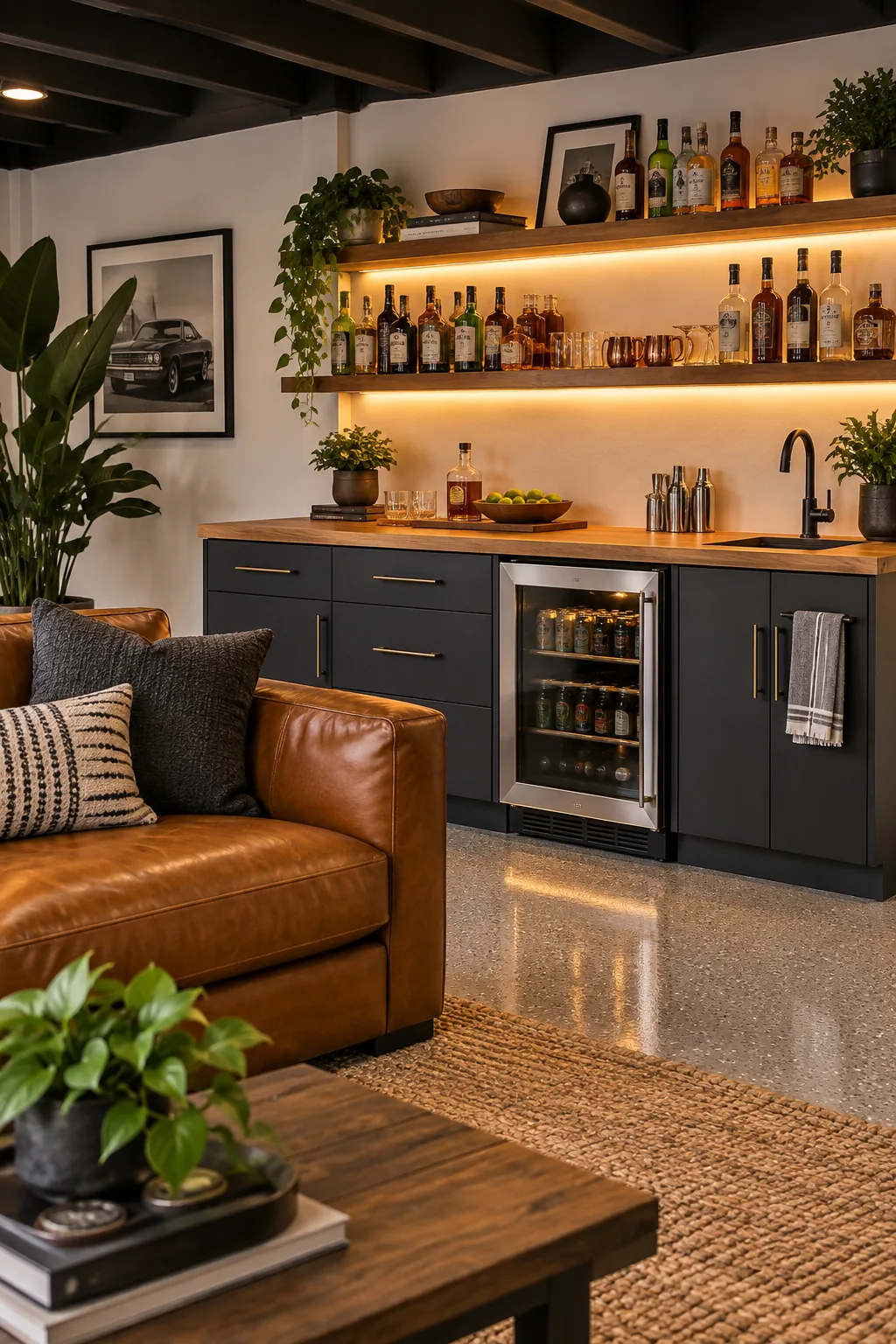 A built-in garage bar with dark cabinets, a butcher block counter, and floating shelves.