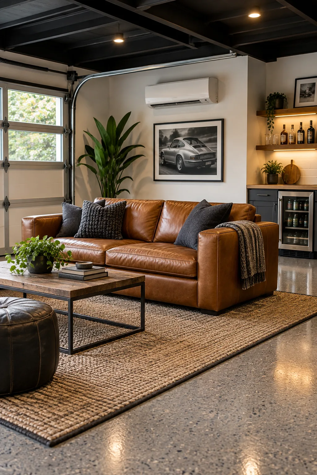 A caramel leather sofa resting on a woven rug inside a finished garage.