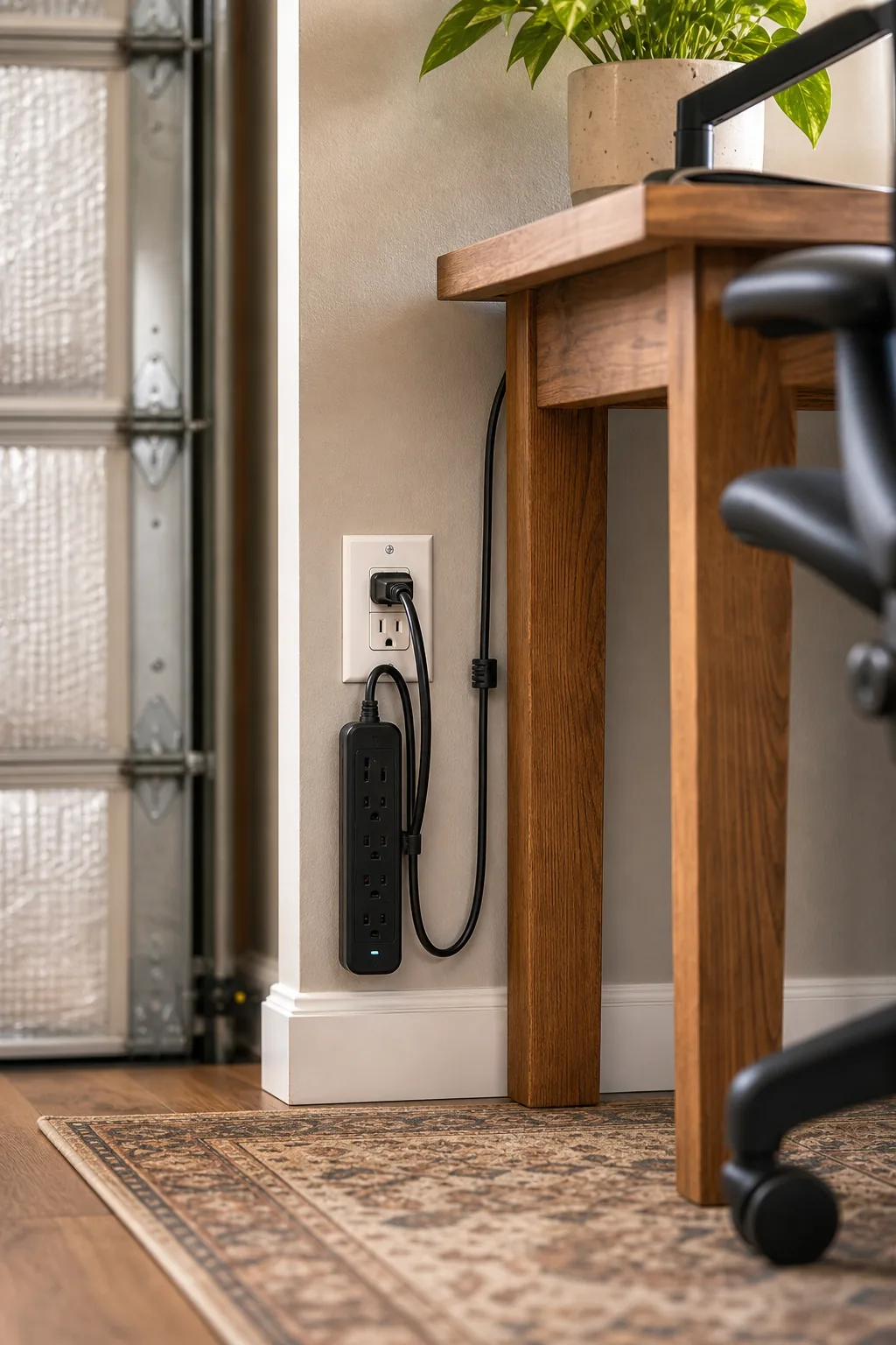A heavy-duty electrical outlet on a painted wall with a black power strip plugged into it.