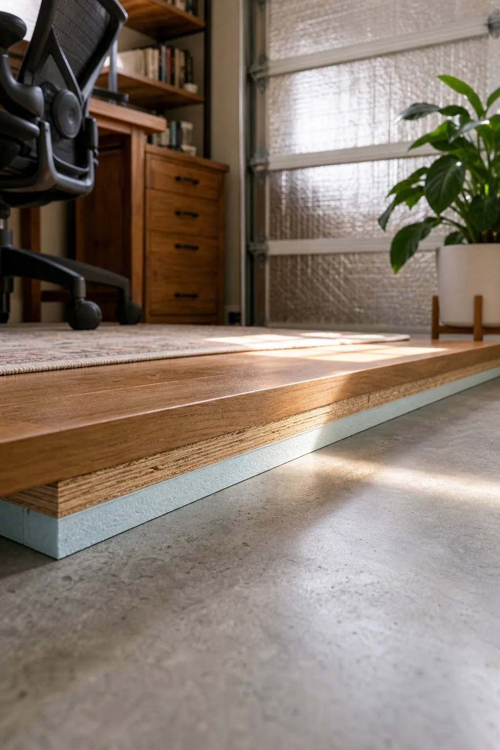 A close-up of a raised wooden floor platform showing the layers of wood and foam insulation above a concrete floor.