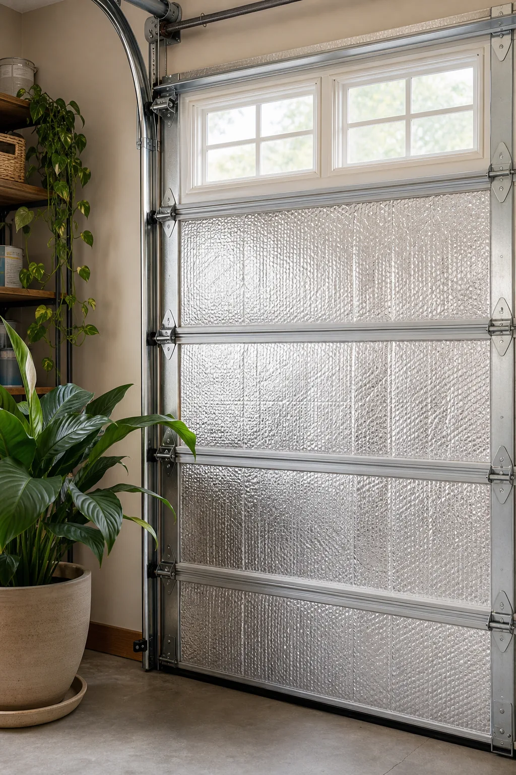 Foil-faced insulation panels neatly installed into the rectangular recesses of a metal garage door.