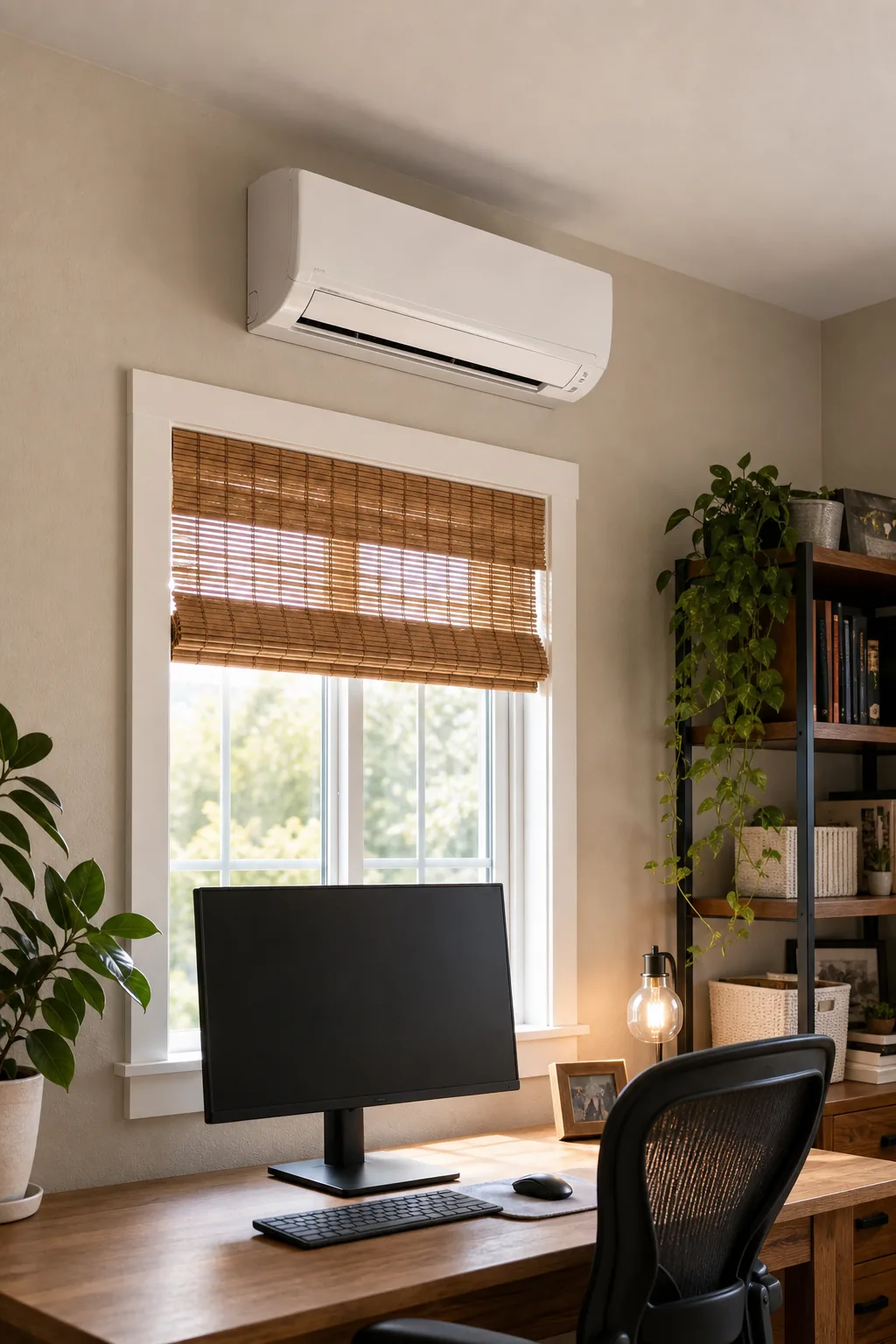 A white ductless mini-split air conditioner mounted on a wall above a window.