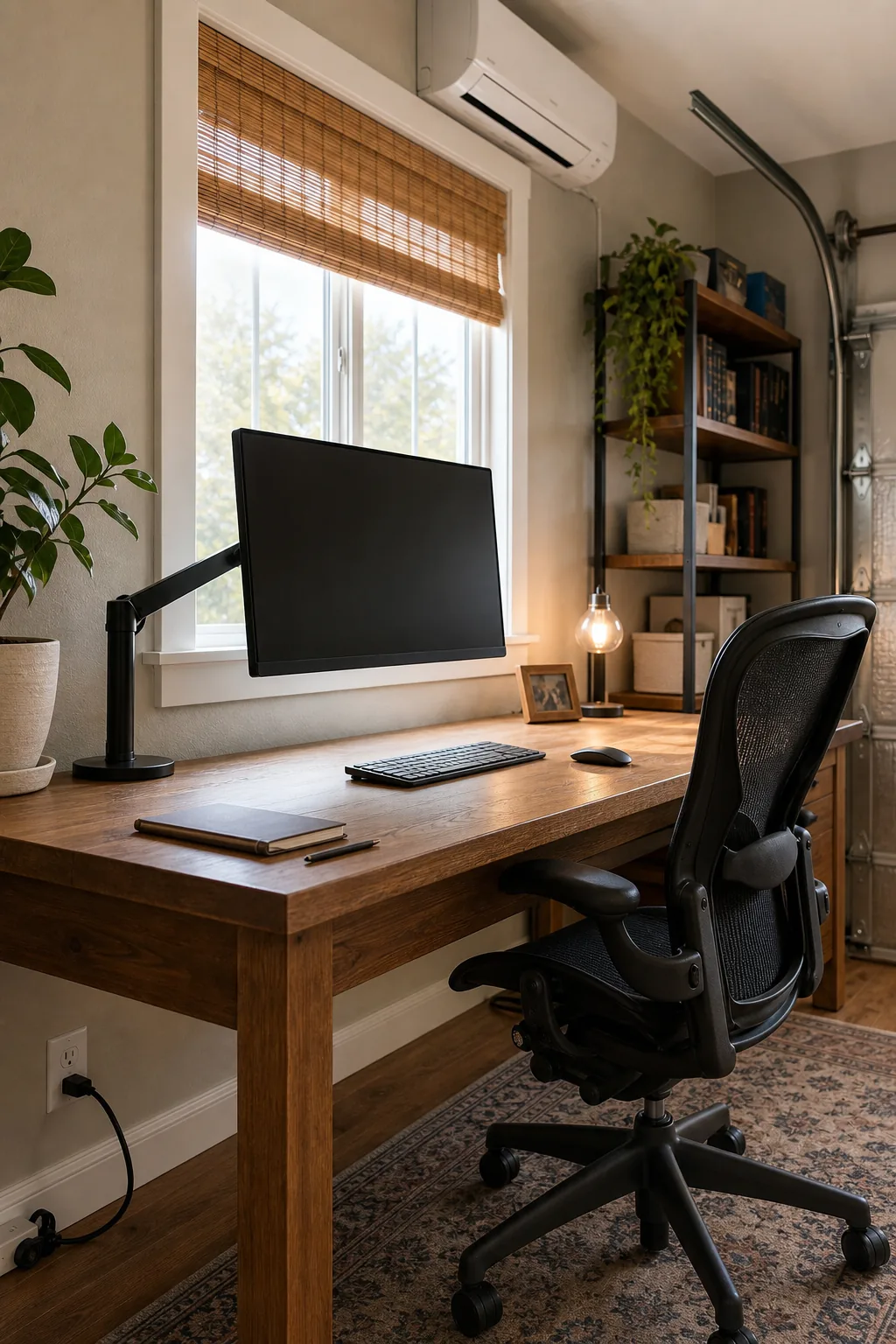 A computer monitor on a wooden desk angled away from a window with bamboo blinds.