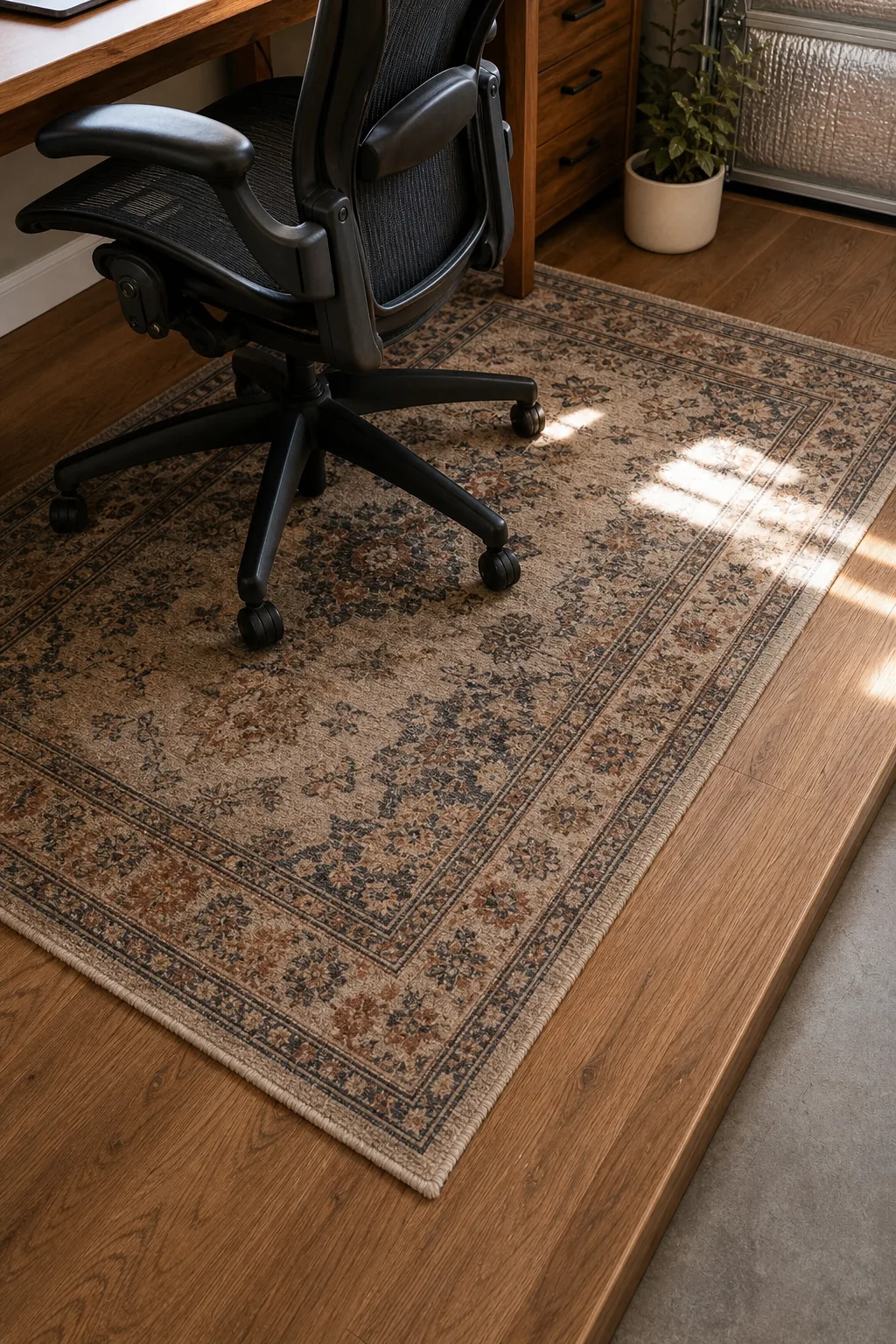 A vintage patterned area rug under a black ergonomic mesh office chair on a wooden floor.