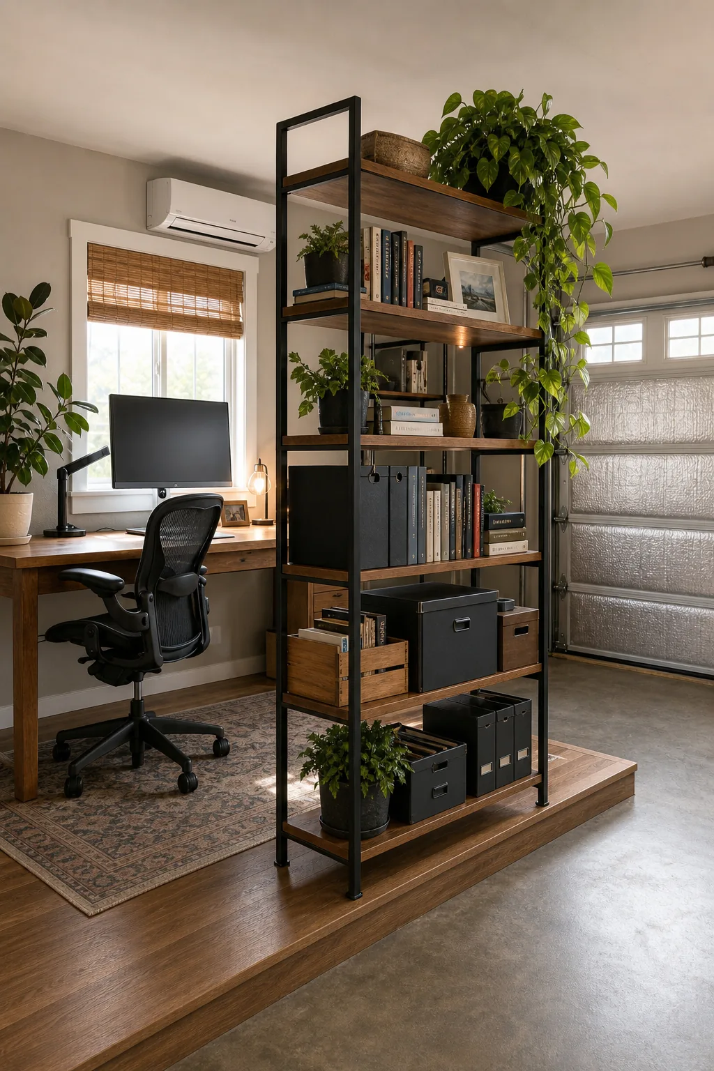 A tall industrial wood and metal shelving unit filled with books, boxes, and plants.