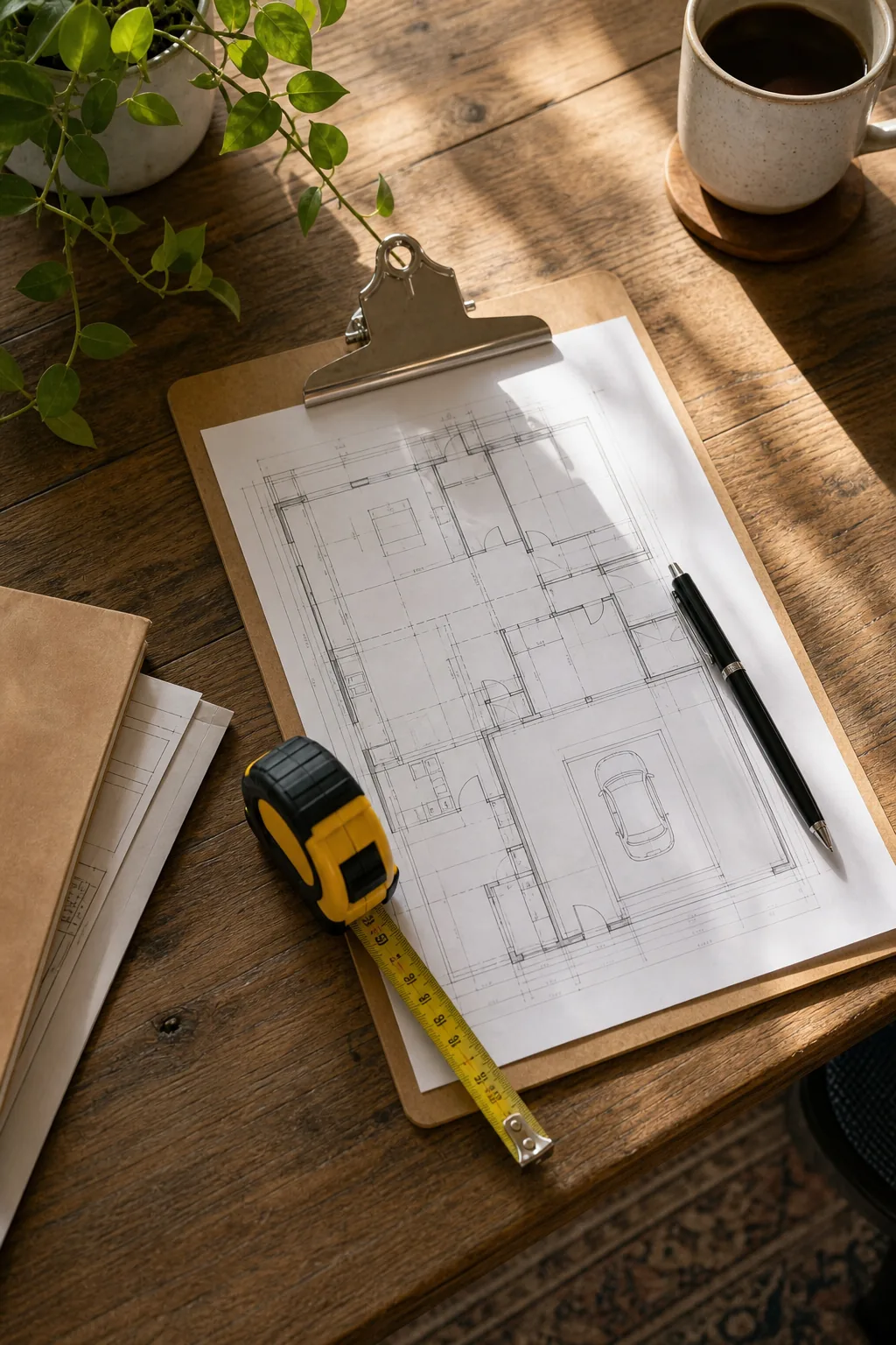 An overhead view of a clipboard with building plans, a tape measure, and a pen on a wooden desk.