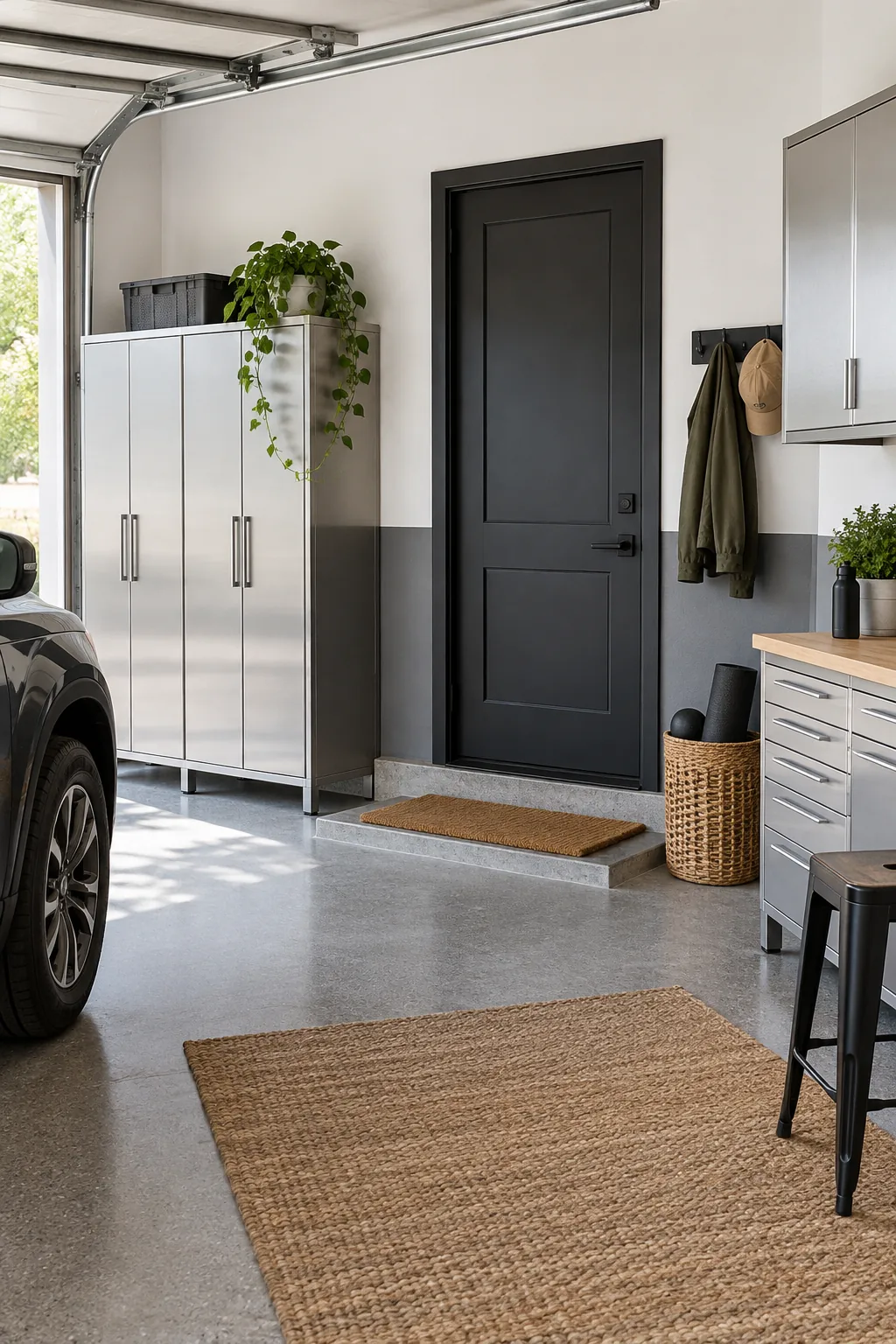 A modern garage with a slate gray lower wall, crisp white upper wall, and black door.