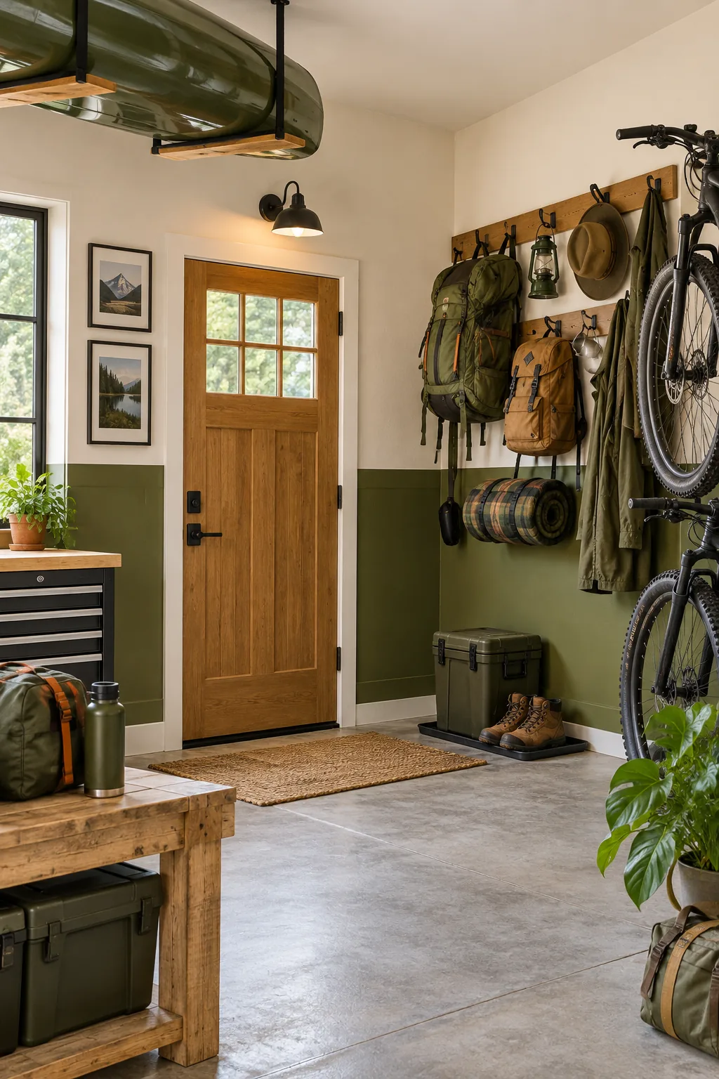 An outdoorsy garage with an olive green lower wall, cream upper wall, and wood door.