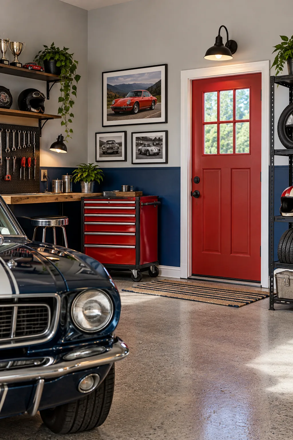 A classic garage with a navy blue lower wall, pale gray upper wall, and red door.
