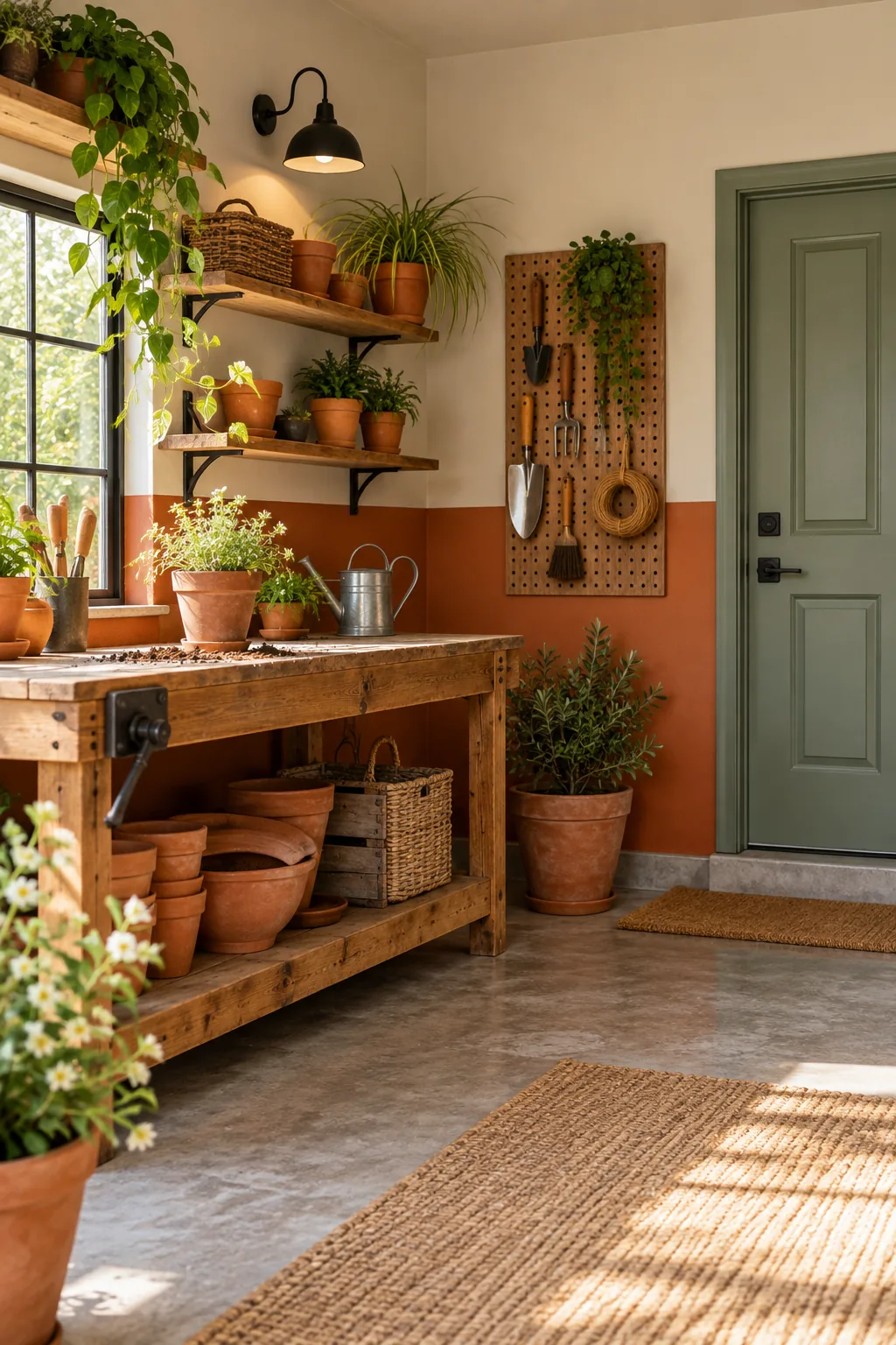 A workshop garage with a terracotta lower wall, beige upper wall, and sage green door.