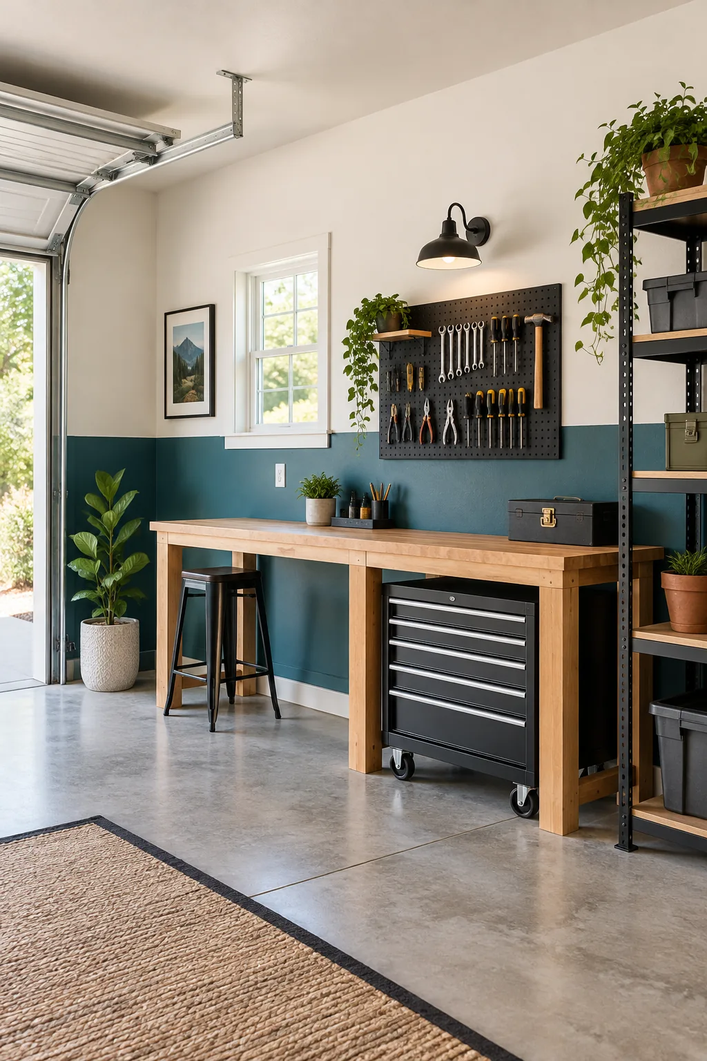 A smooth, flawlessly painted white garage wall corner behind an organized metal shelving unit.