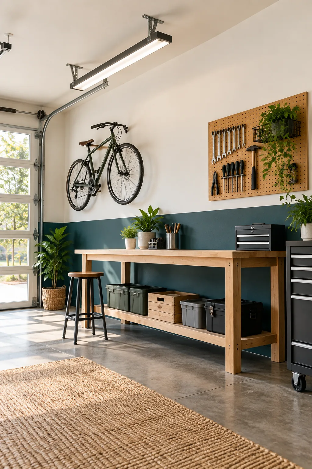 A two-tone garage wall with a deep teal lower half and white upper half, aligned with a wooden workbench.