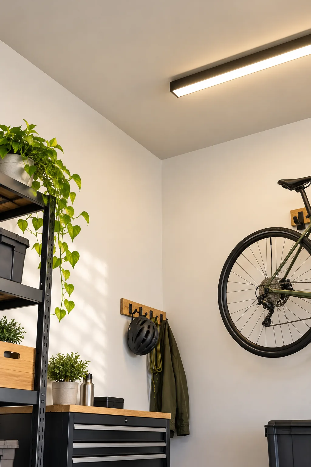 A bright white upper garage wall reflecting light from an overhead LED shop fixture.