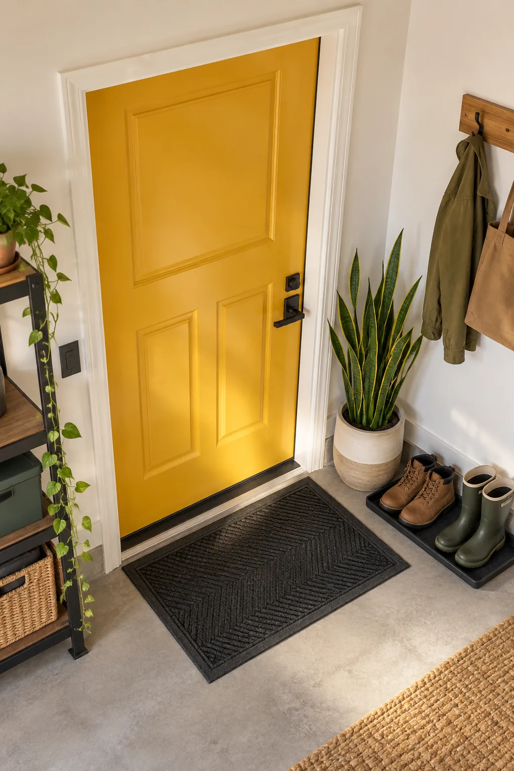 A subtle transition between a warm white garage wall and a slightly lighter half-tinted ceiling.