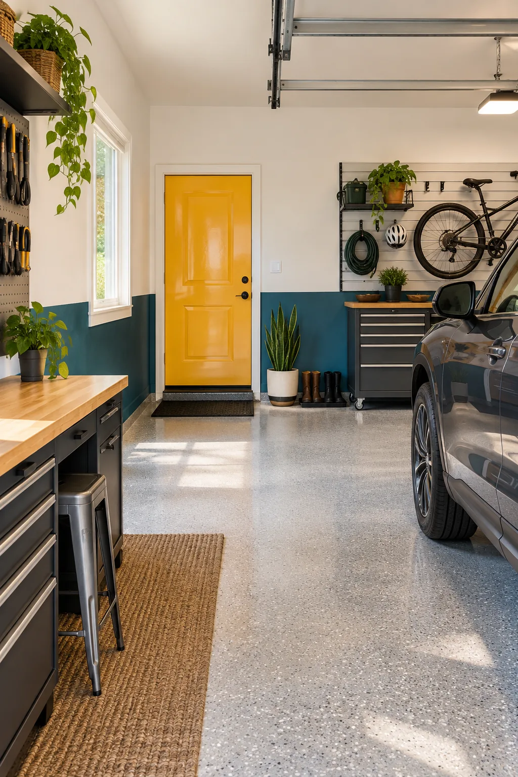 A glossy marigold yellow door in a garage, styled with a black entry mat and boot tray.