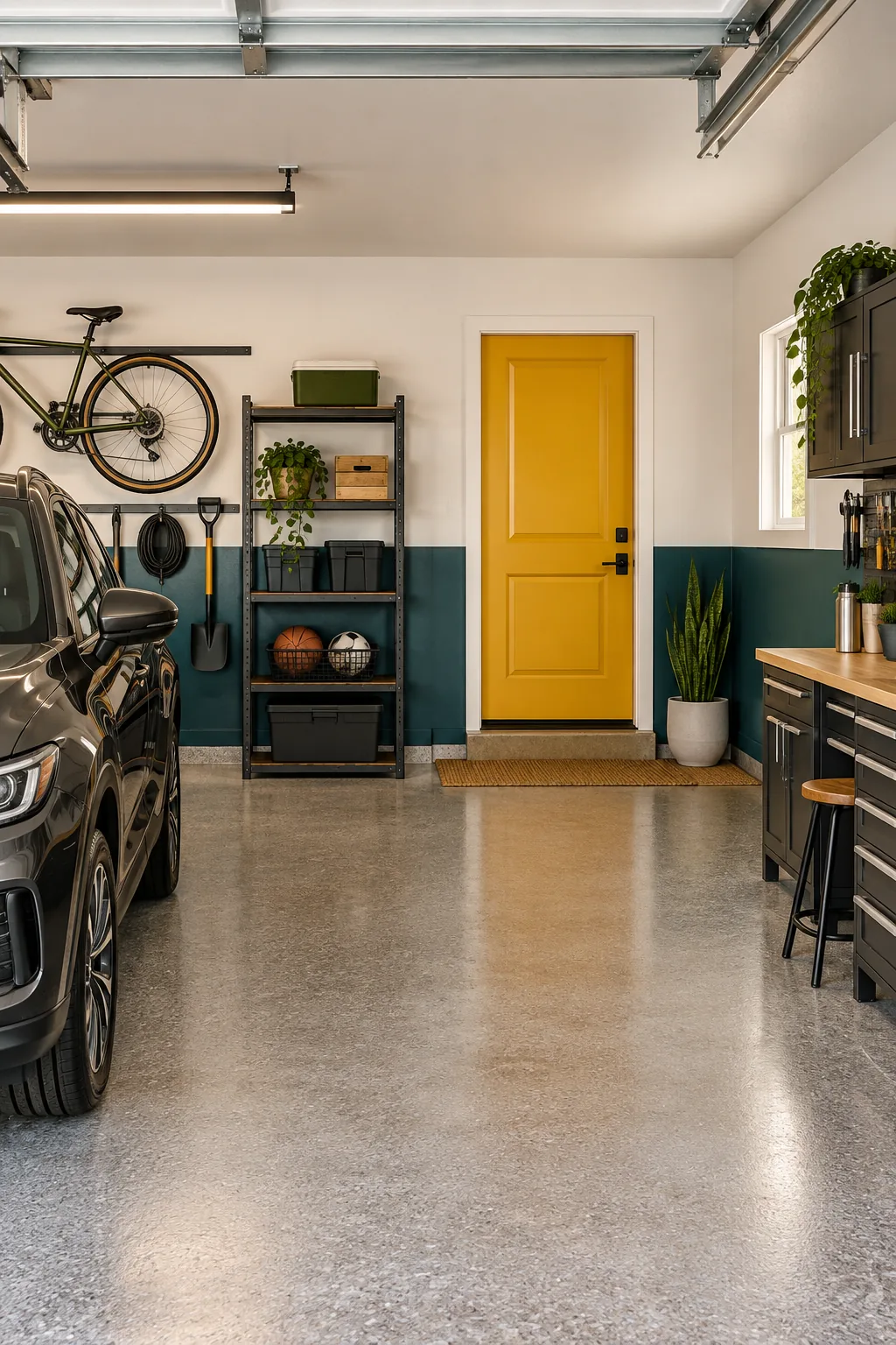 A fully finished, organized two-car garage featuring two-tone teal and white walls and a yellow accent door.
