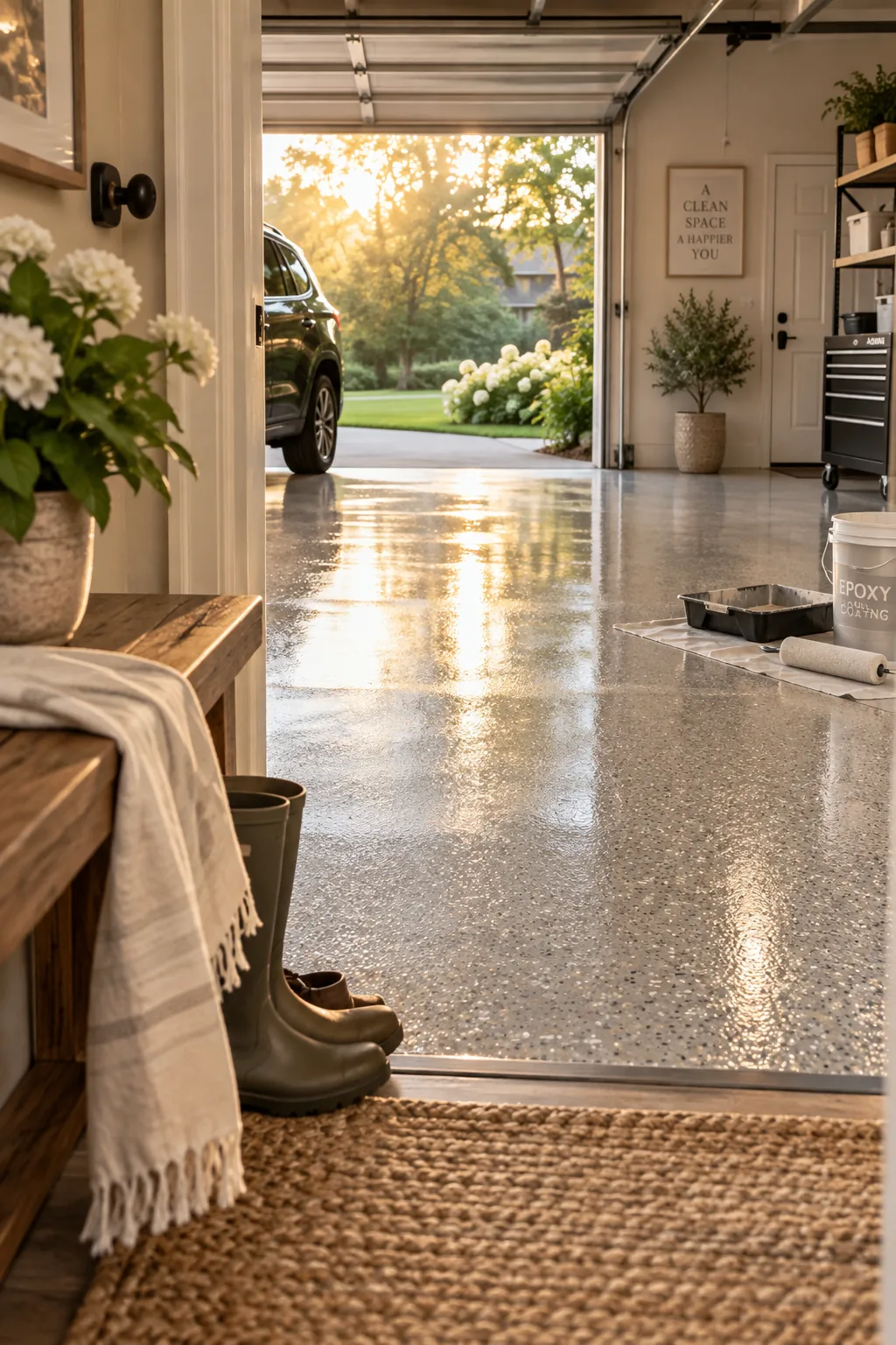 Close-up of a garage floor finished with gray epoxy and black, white, and blue decorative flakes.
