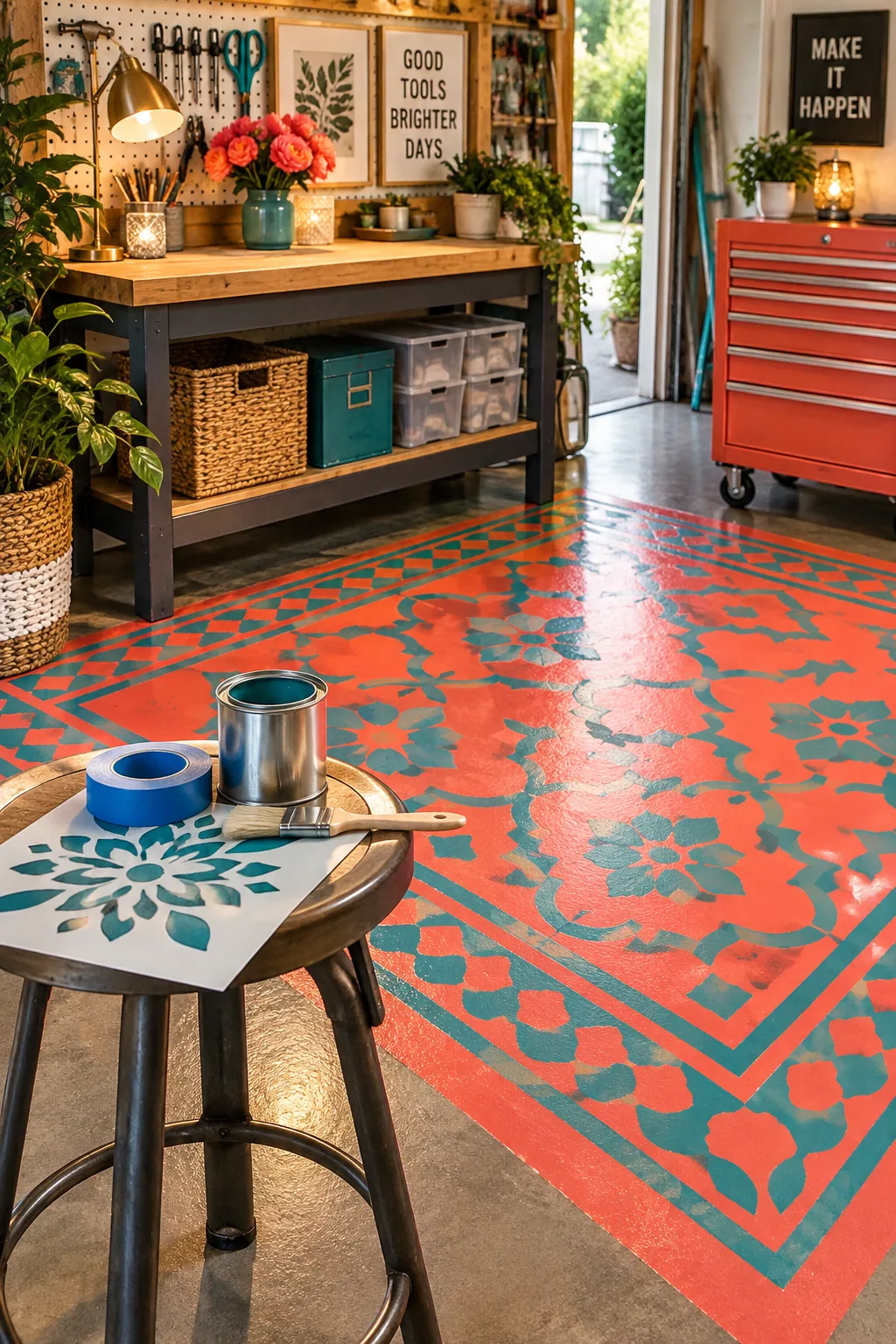 Concrete garage floor featuring a painted rectangular area with a geometric stencil pattern in front of a workbench.