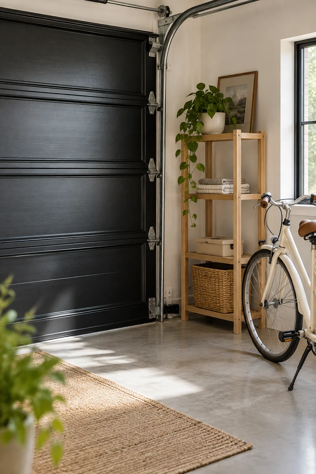 Interior view of a garage door painted in a smooth satin black finish.
