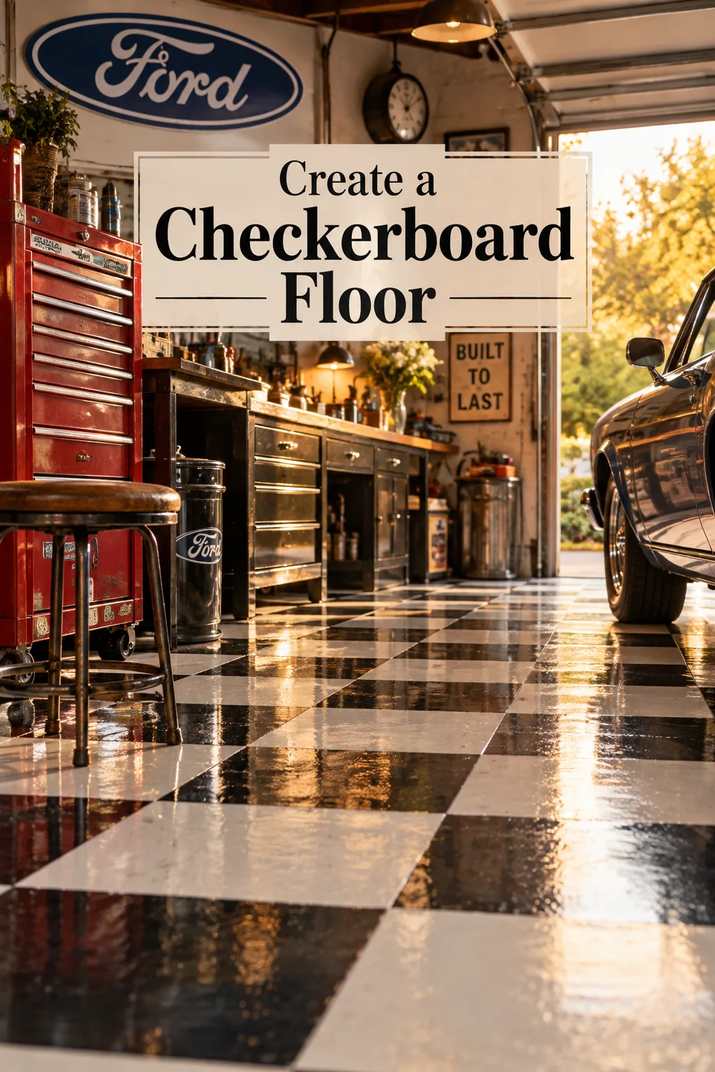 Classic black and white painted checkerboard pattern on a garage floor.