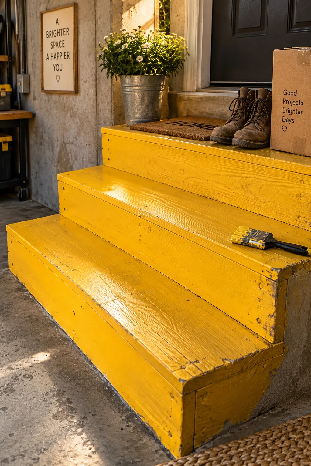 Wooden stairs in a garage painted in a bright safety yellow.