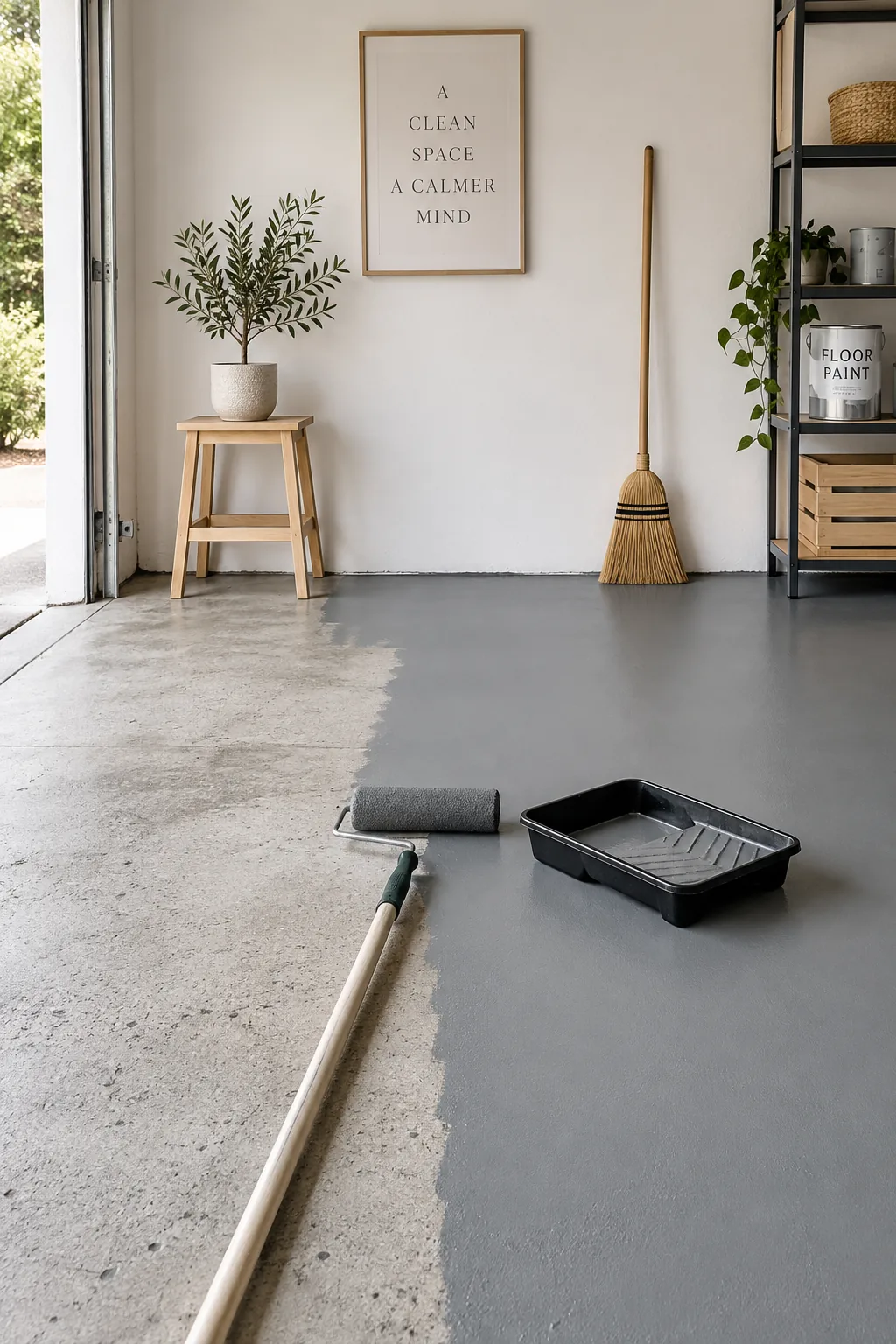 A freshly painted solid slate gray concrete garage floor.