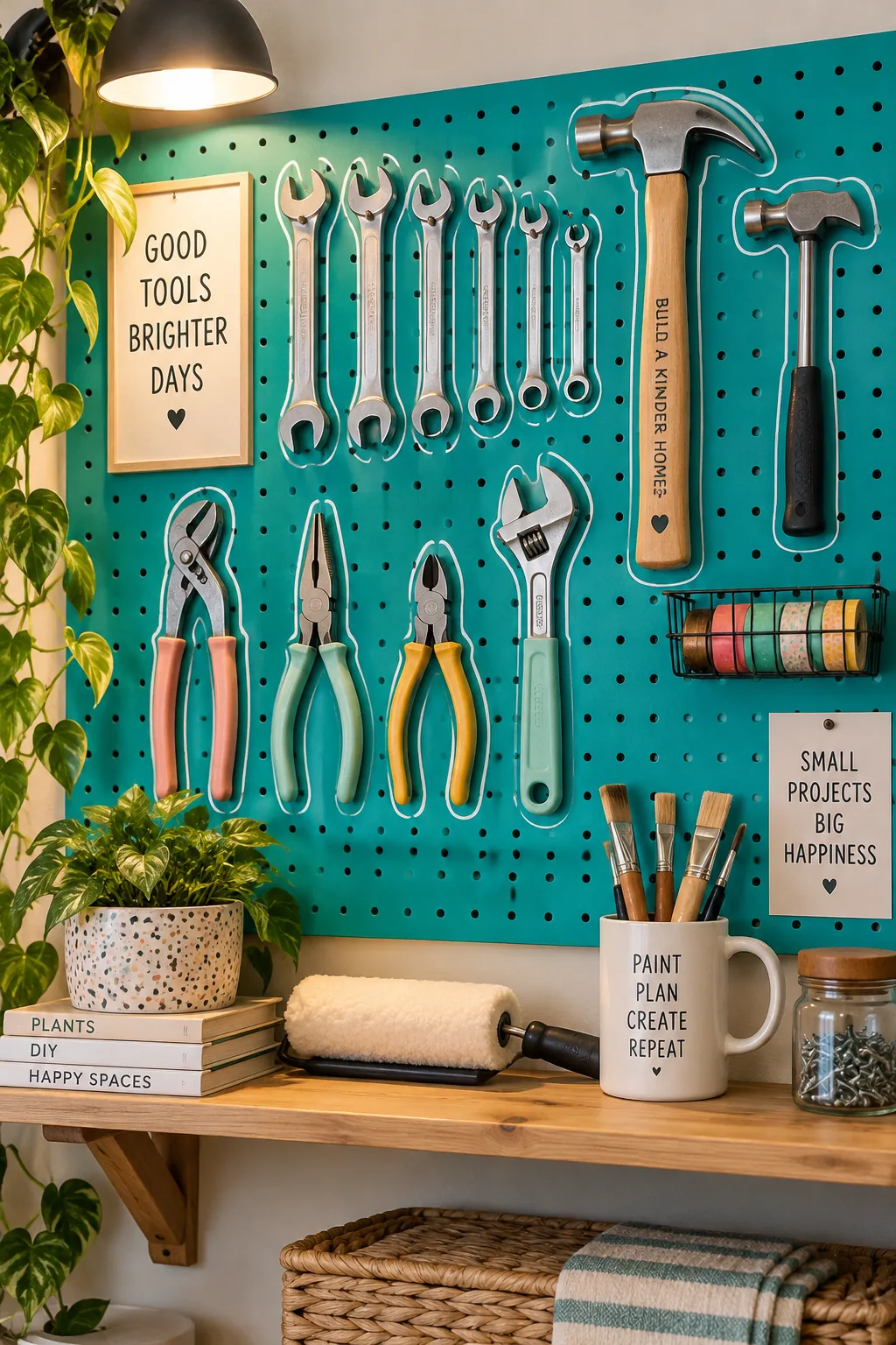 A large pegboard painted bright teal, holding neatly organized hand tools.
