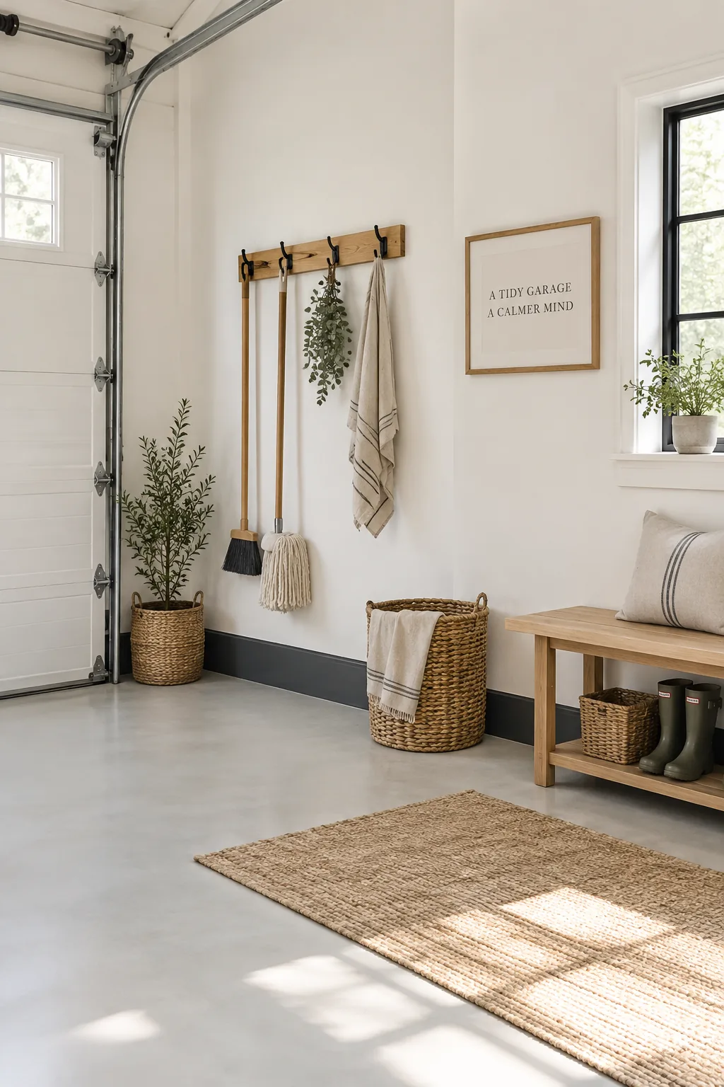 Bottom of a white garage wall featuring a 4-inch dark gray painted stripe acting as a baseboard.