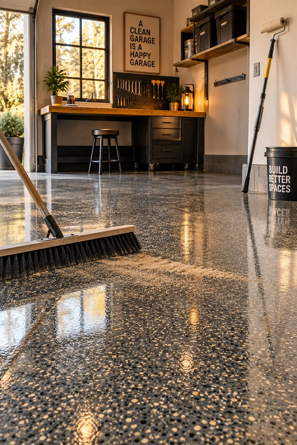 High gloss epoxy garage floor in gray with colored flakes