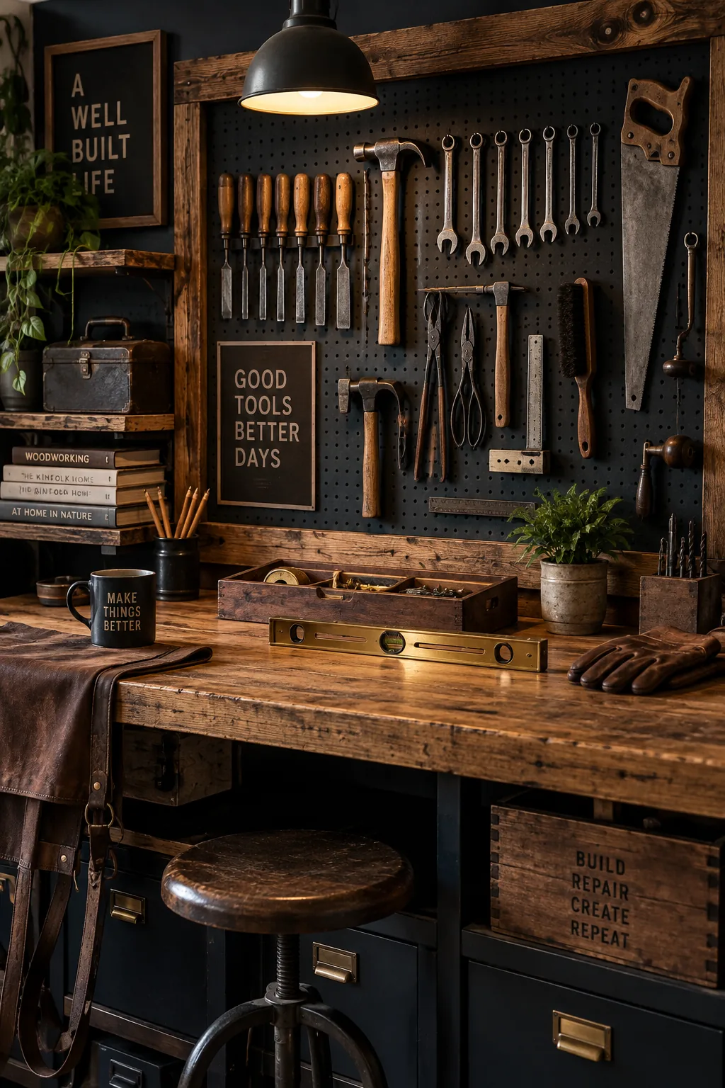Large black painted pegboard wall holding neatly arranged hand tools