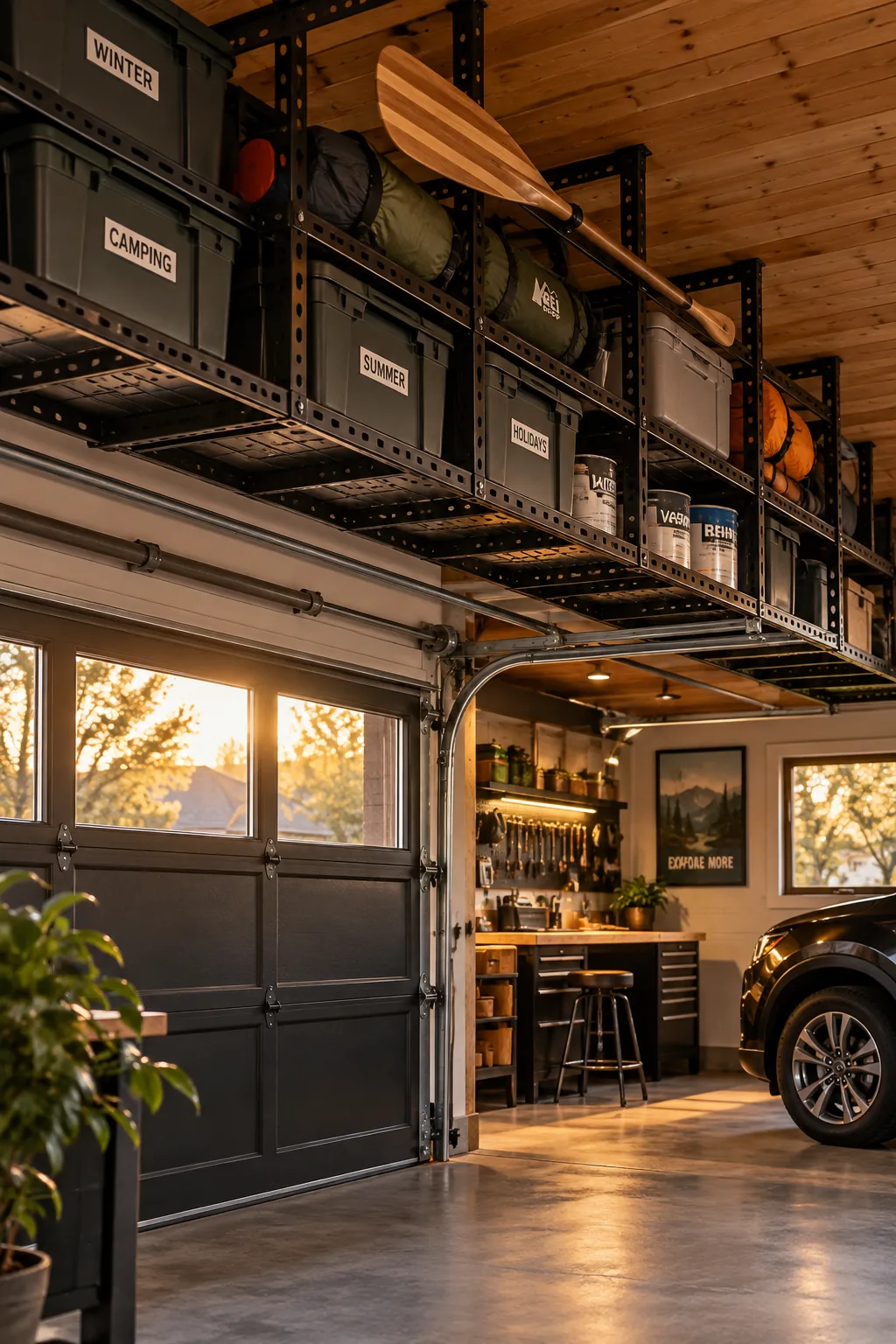 Metal storage racks suspended from the garage ceiling holding plastic bins