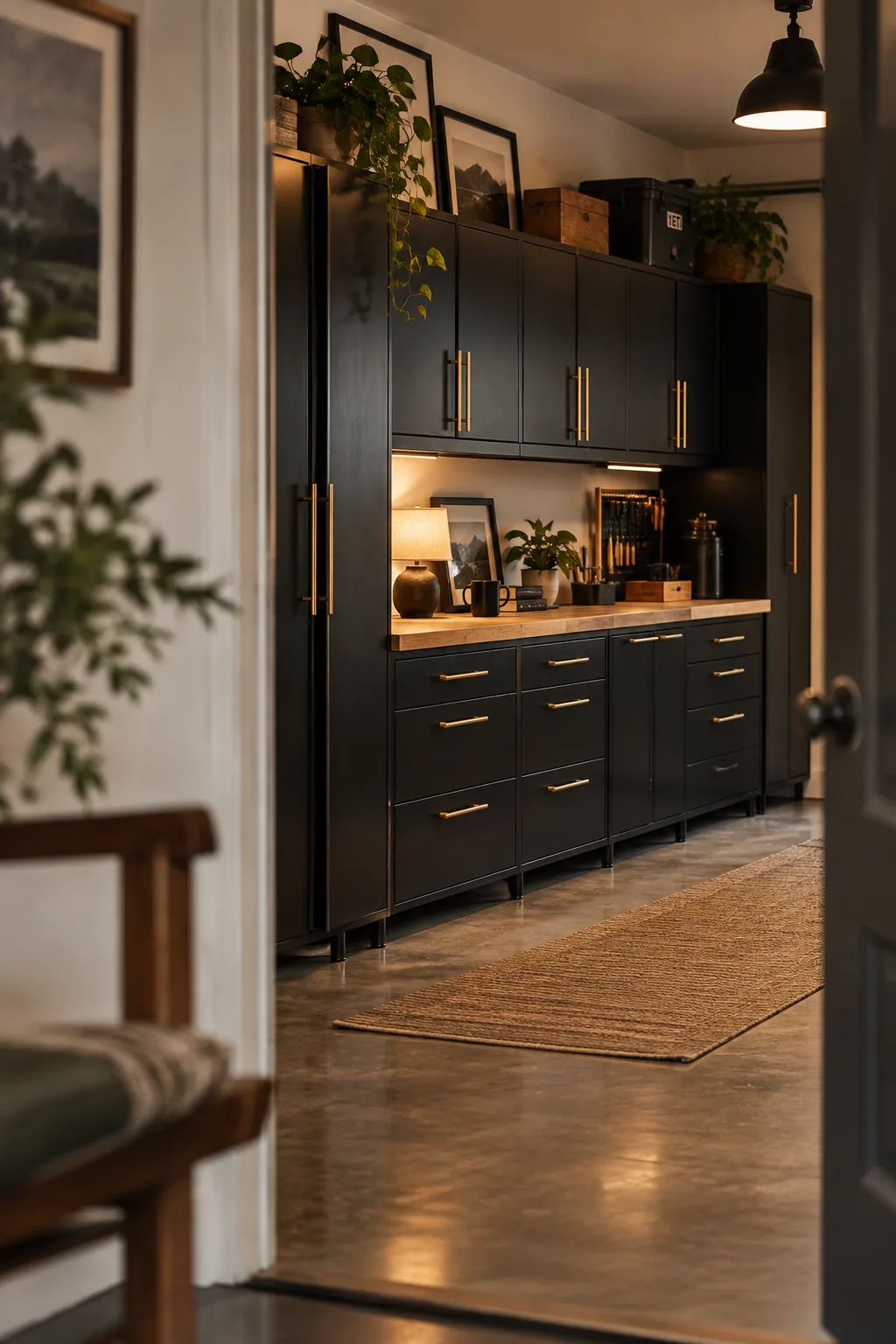 Row of black base cabinets with a wooden butcher block top