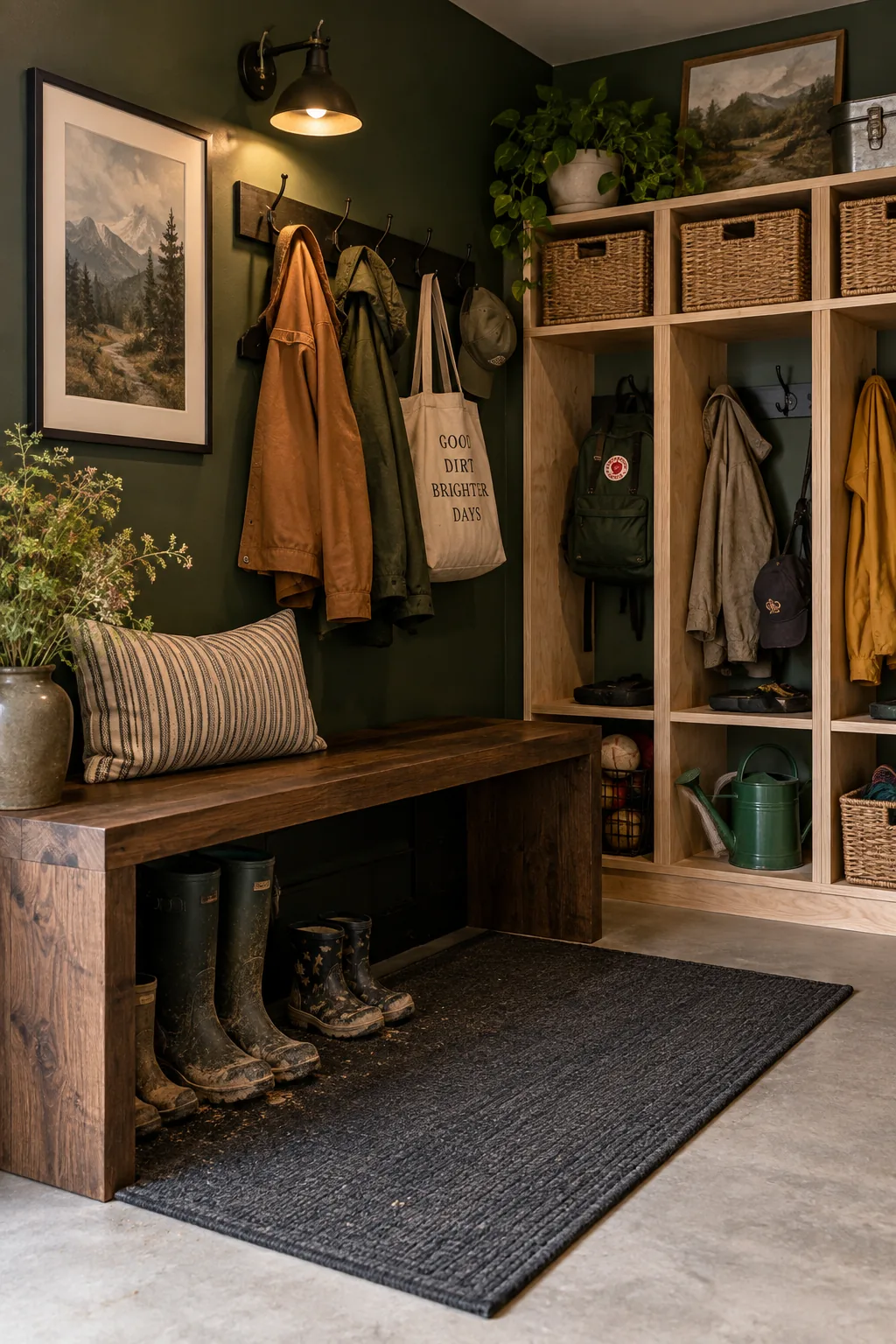 Small bench with coat hooks and shoe storage near the garage entry door
