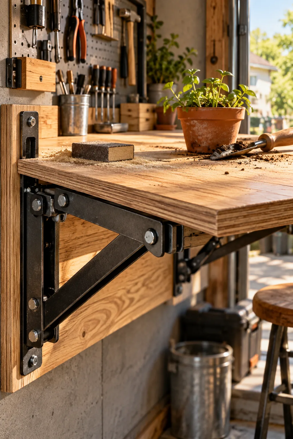 Wooden workbench folded down flush against a white garage wall