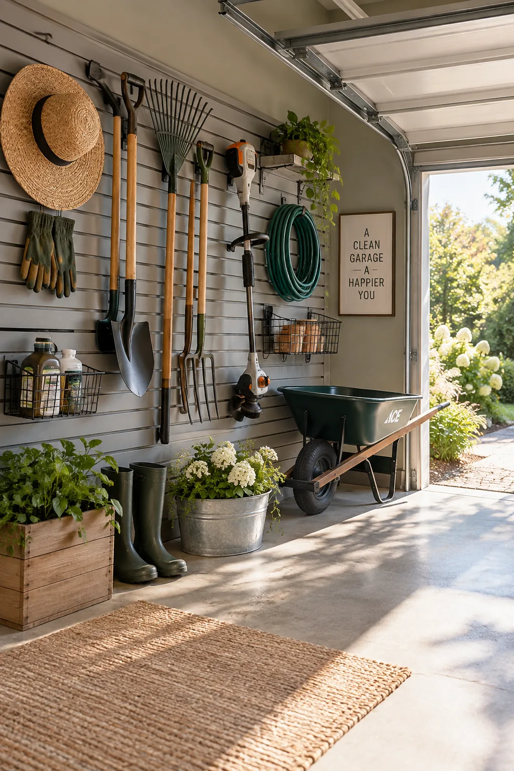 Gray PVC slatwall holding rakes, shovels, and a weed trimmer
