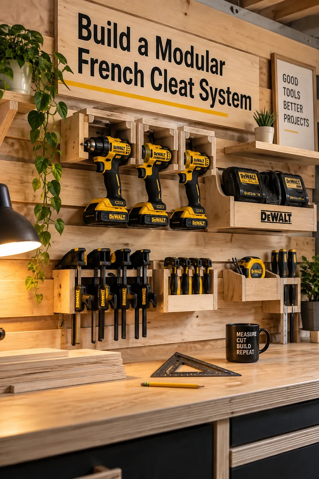 Wooden French cleat wall holding custom drill and battery racks