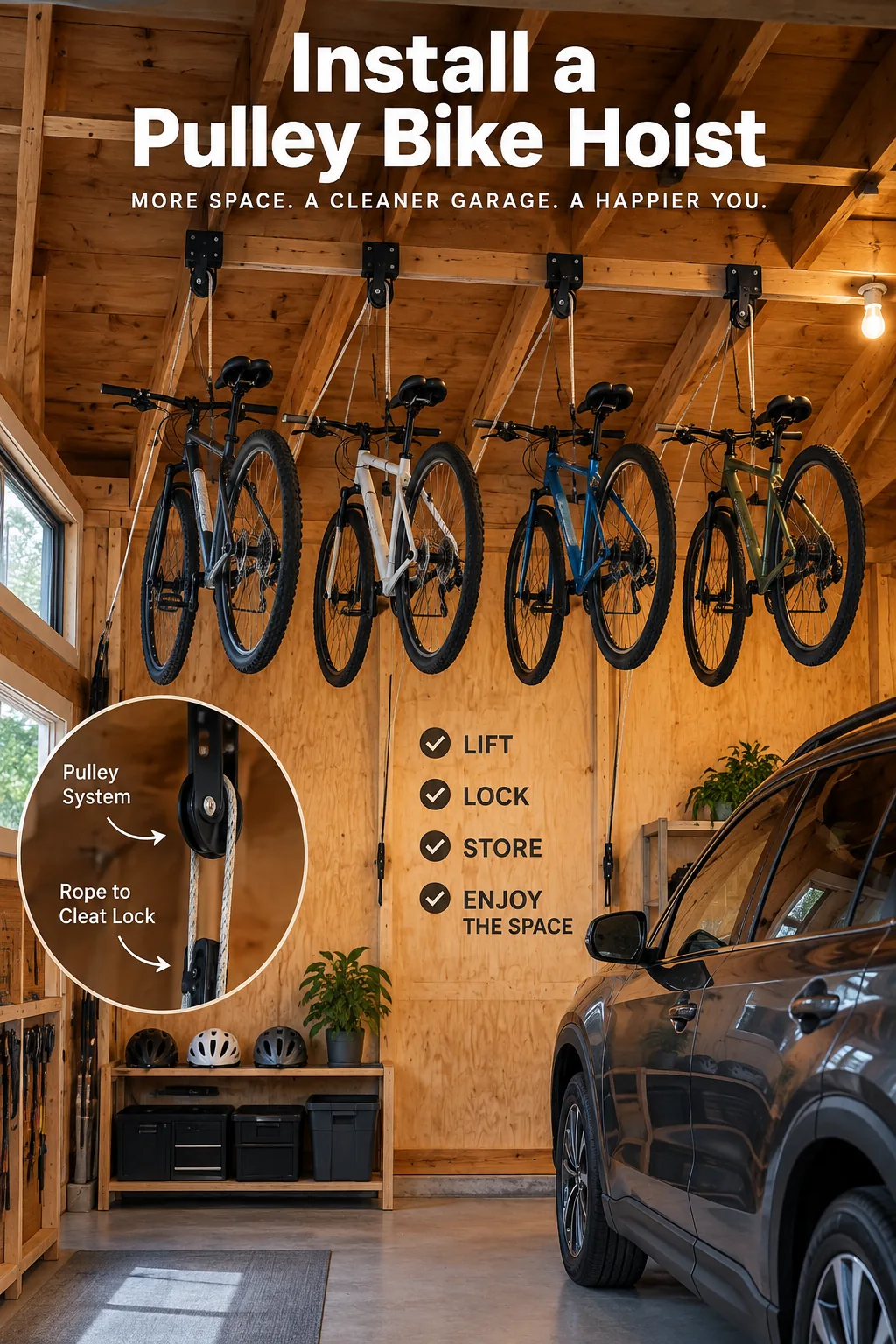 Two bicycles suspended from the garage ceiling using a rope and pulley system