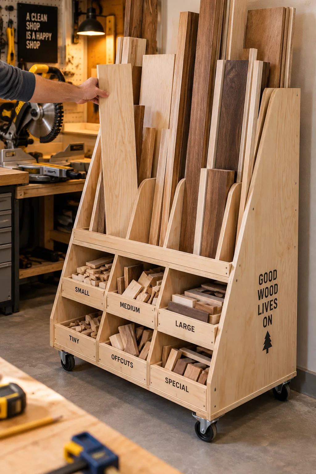Rolling wooden A-frame cart filled with sorted lumber and plywood scraps