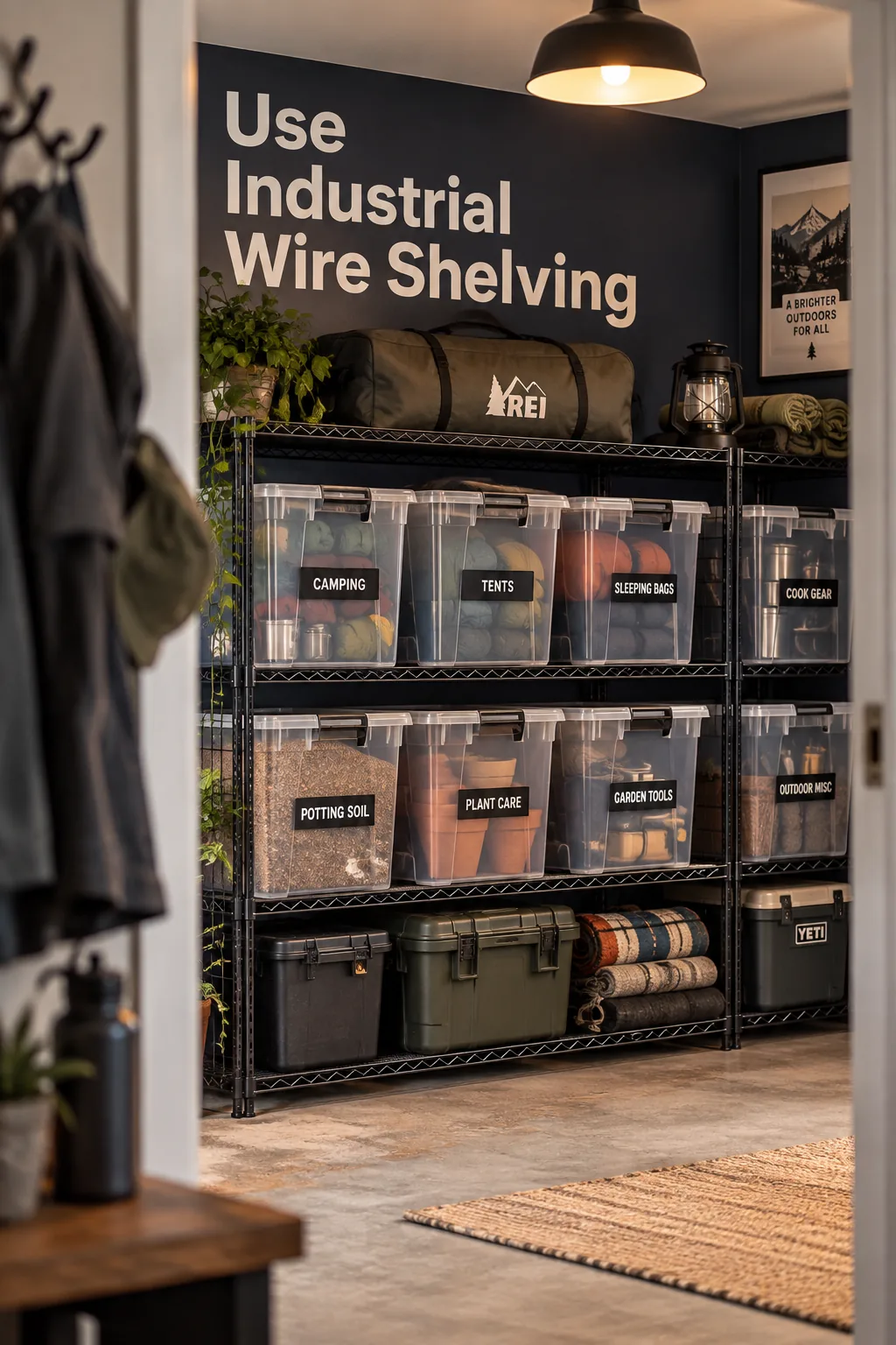 Heavy-duty wire shelving units lined with clear plastic storage bins