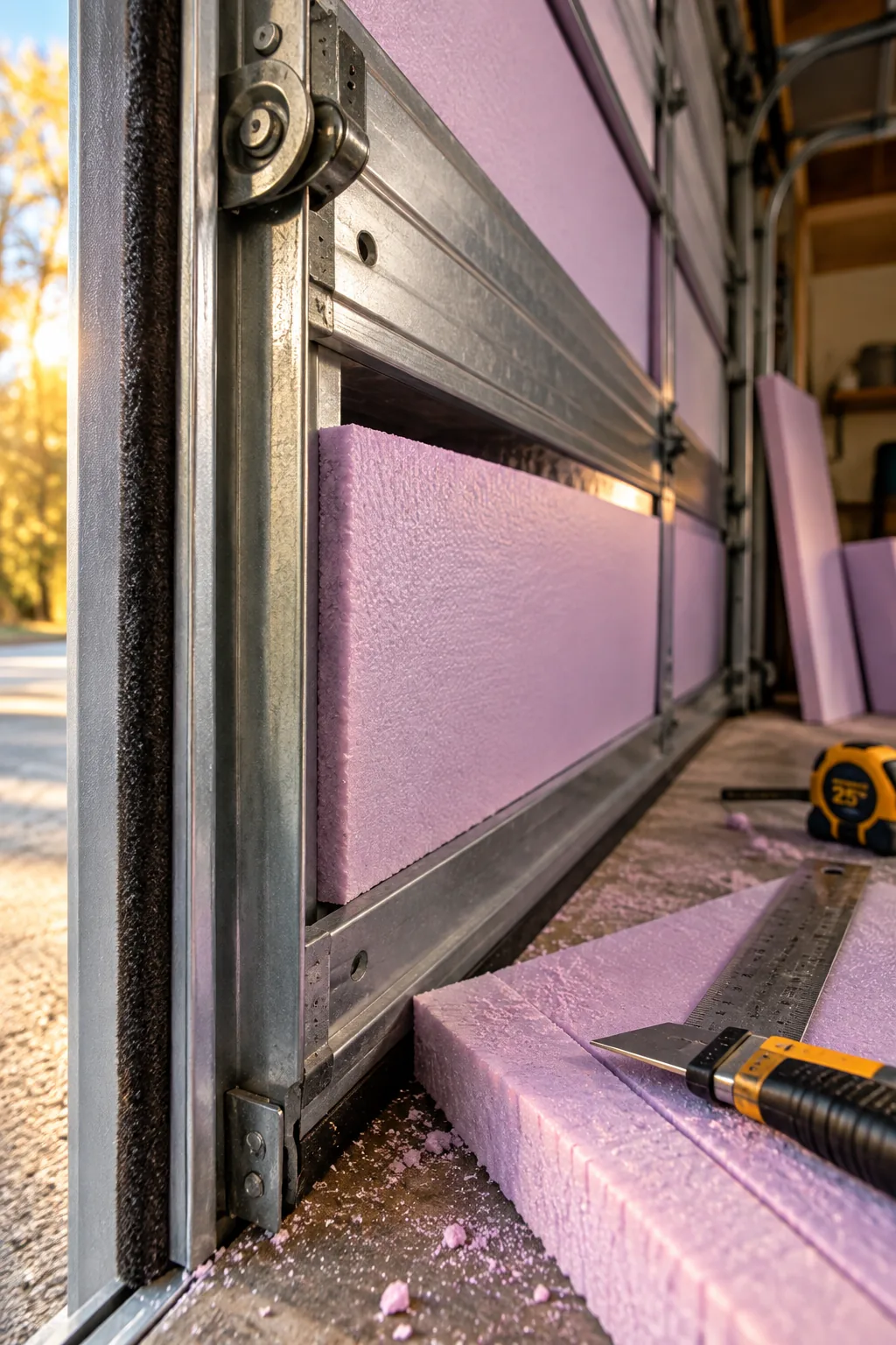 Rigid foam insulation panels fitted into the back of a metal garage door