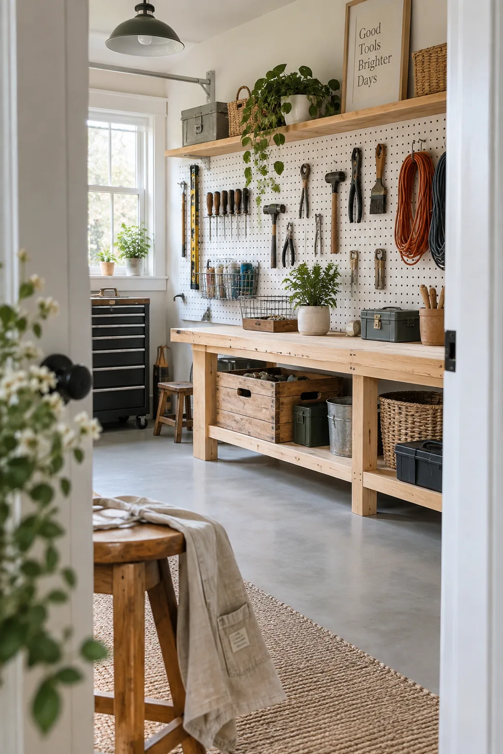 Large white pegboard on a garage wall holding organized hand tools
