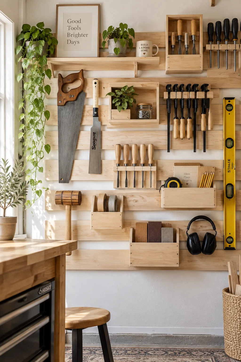 Wooden French cleat system on a garage wall holding heavy tools