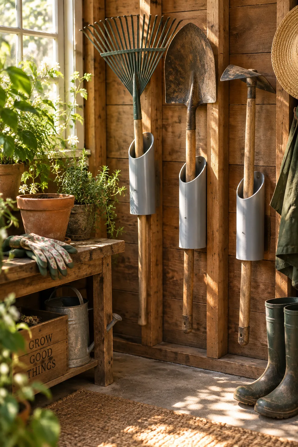 White PVC pipes screwed to a garage wall holding rakes and shovels