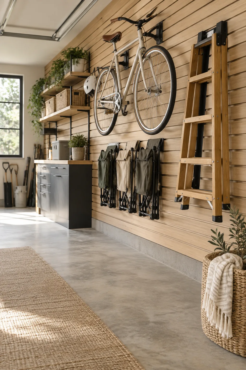 Clean grey slatwall panels covering a garage wall holding sports equipment