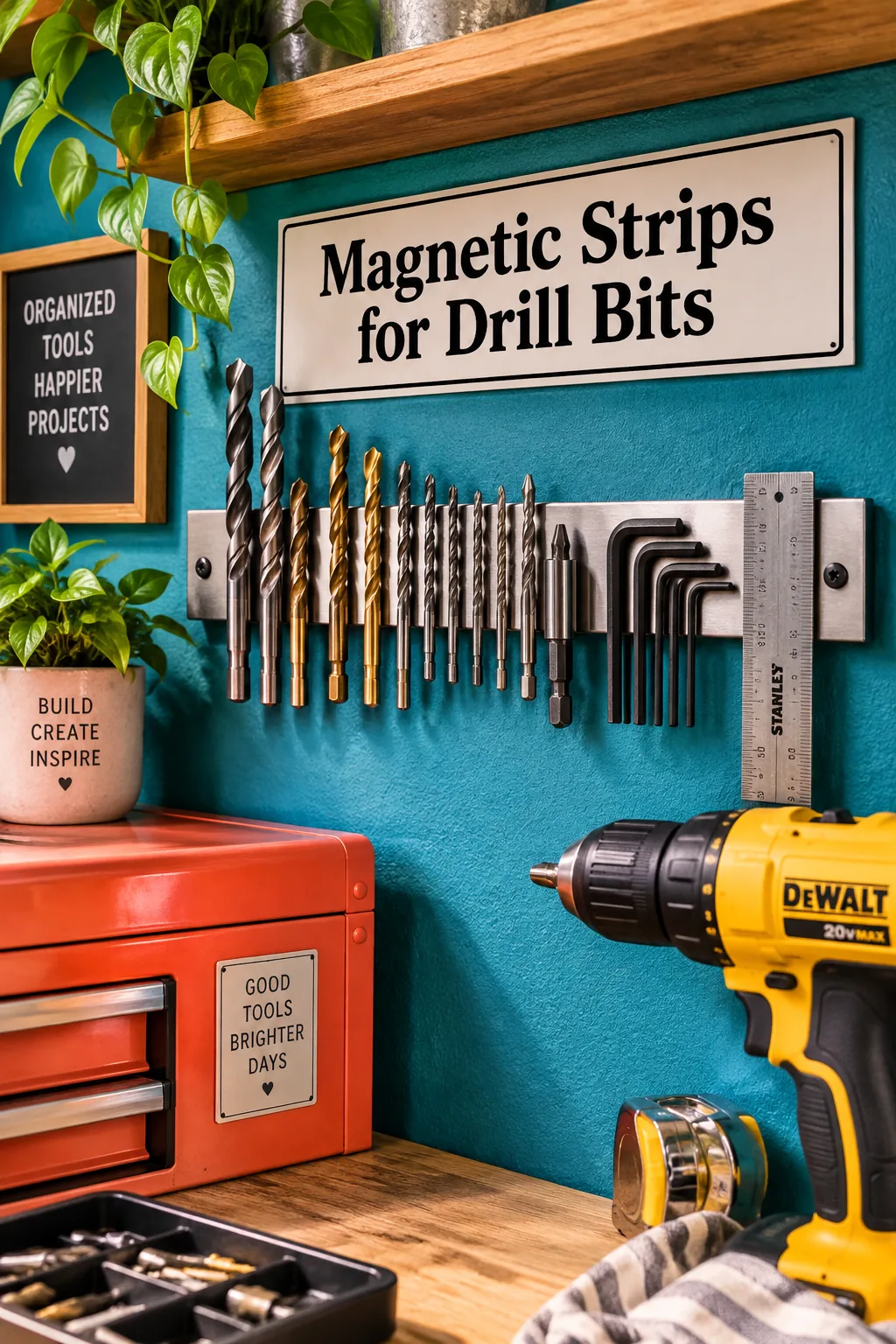 Magnetic strips on a garage wall holding drill bits and small metal tools