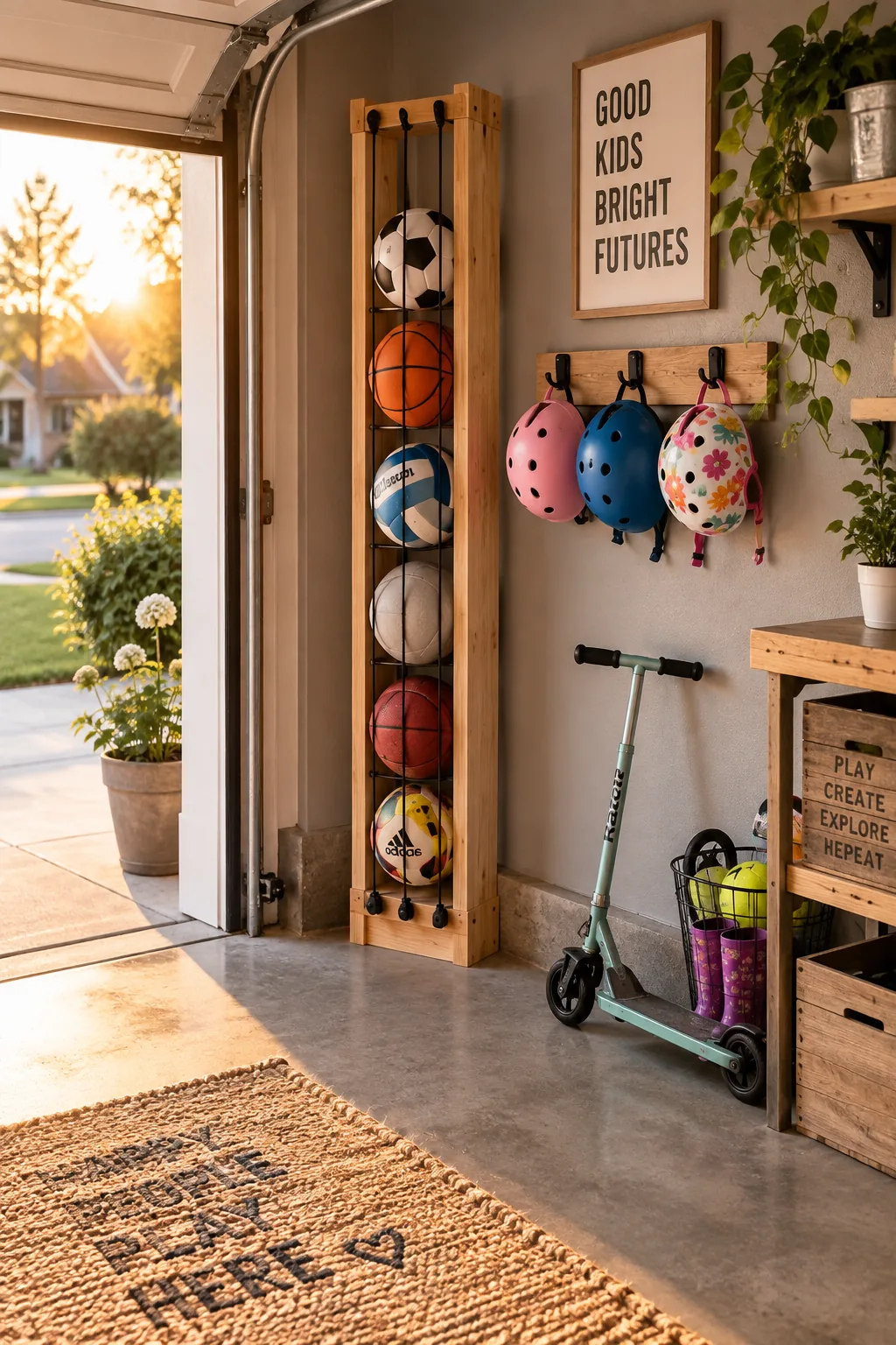 Wooden wall frame with vertical bungee cords holding basketballs and soccer balls